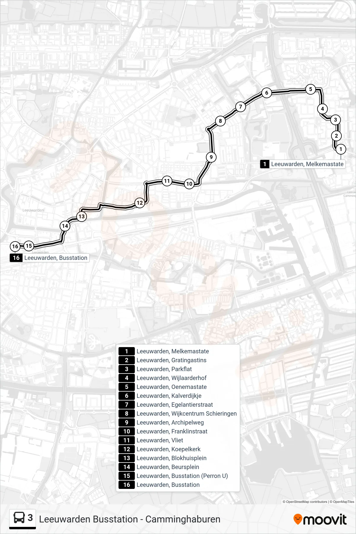 3 bus Line (Busstation) route and stops on a map