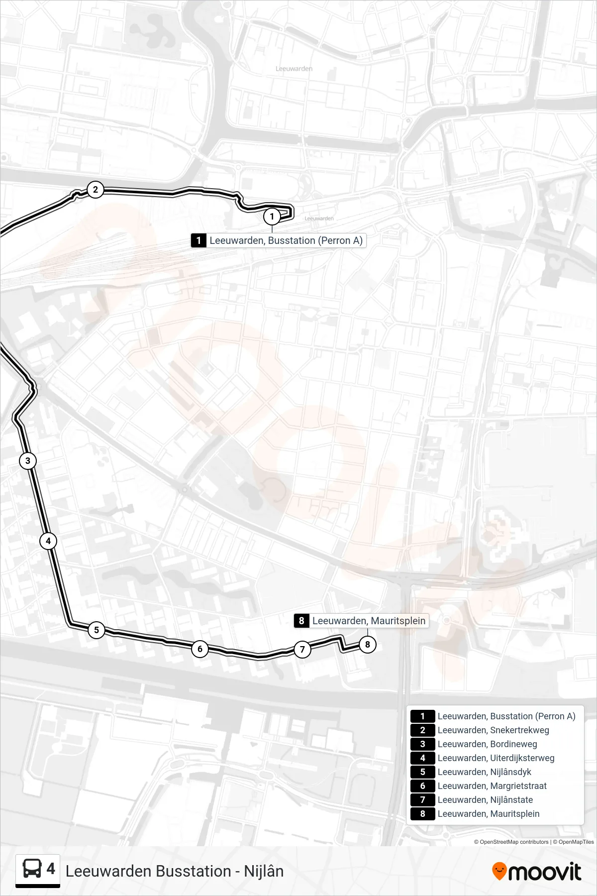 4 bus Line (Nijlân) route and stops on a map