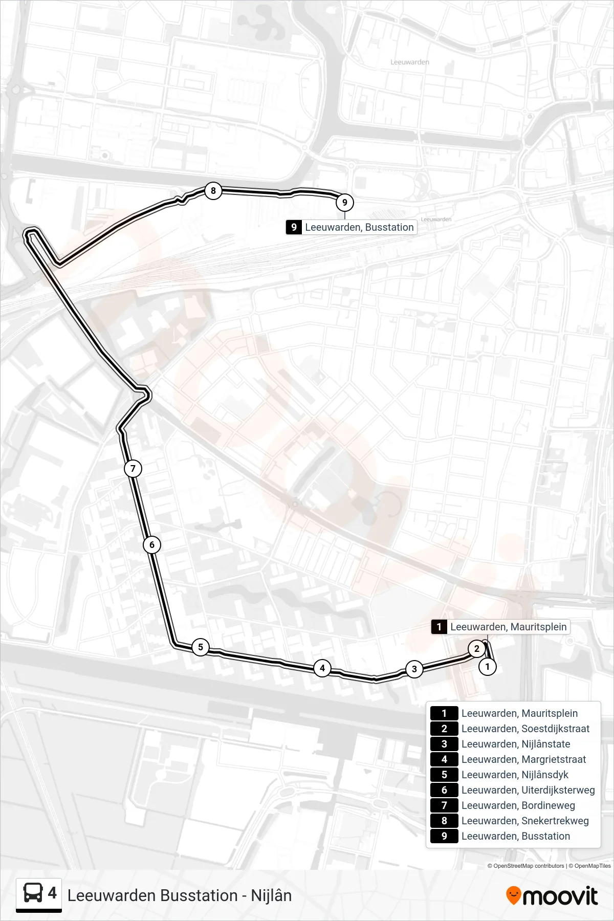 Lijn 4 (bus, Busstation): route en haltes op de kaart
