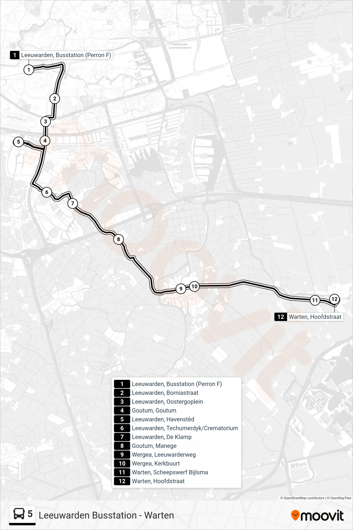 Lijn 5 (bus, Warten): route en haltes op de kaart