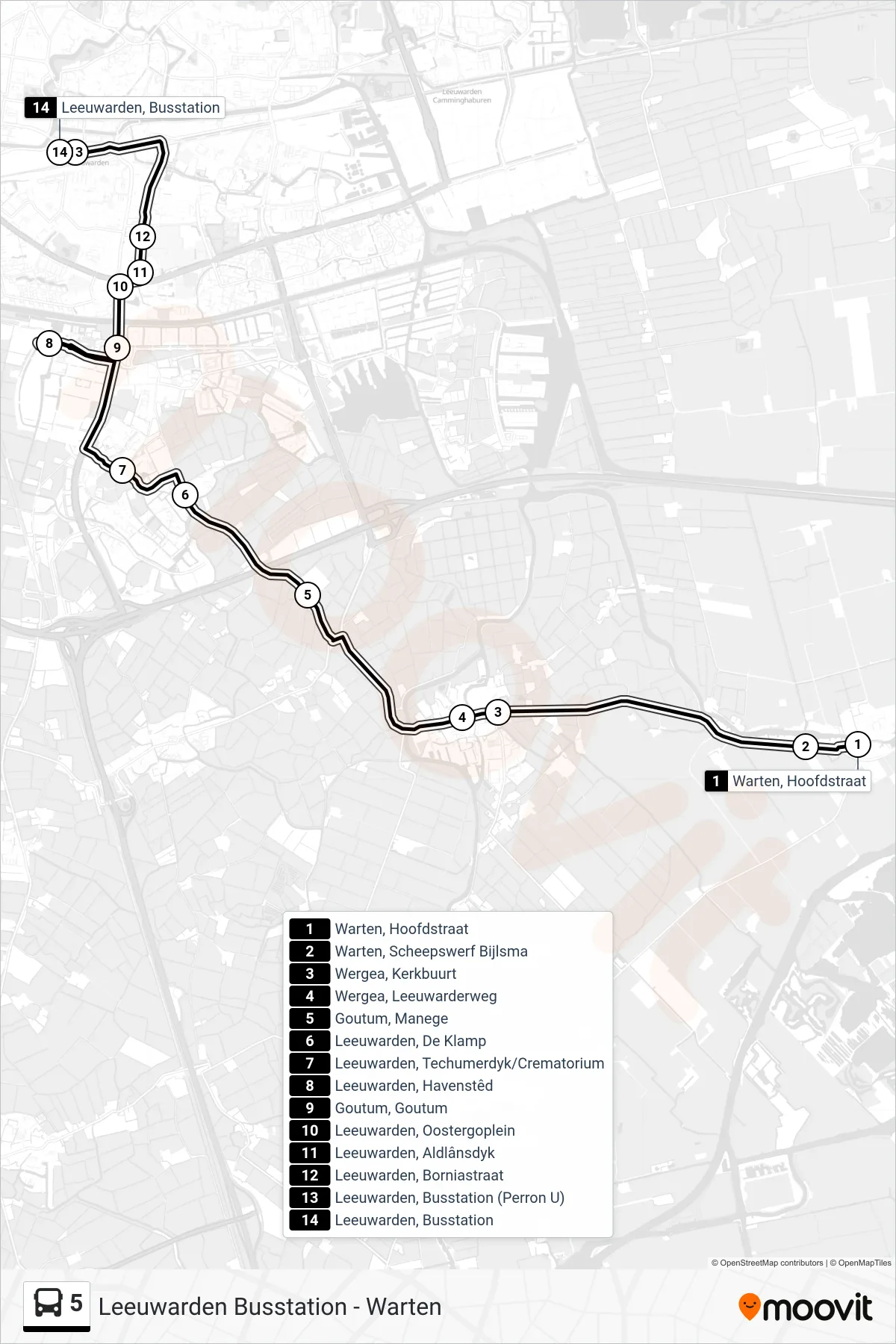 Lijn 5 (bus, Leeuwarden): route en haltes op de kaart