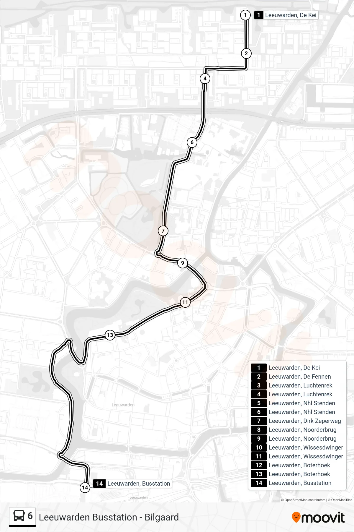 6 bus Line (Busstation) route and stops on a map
