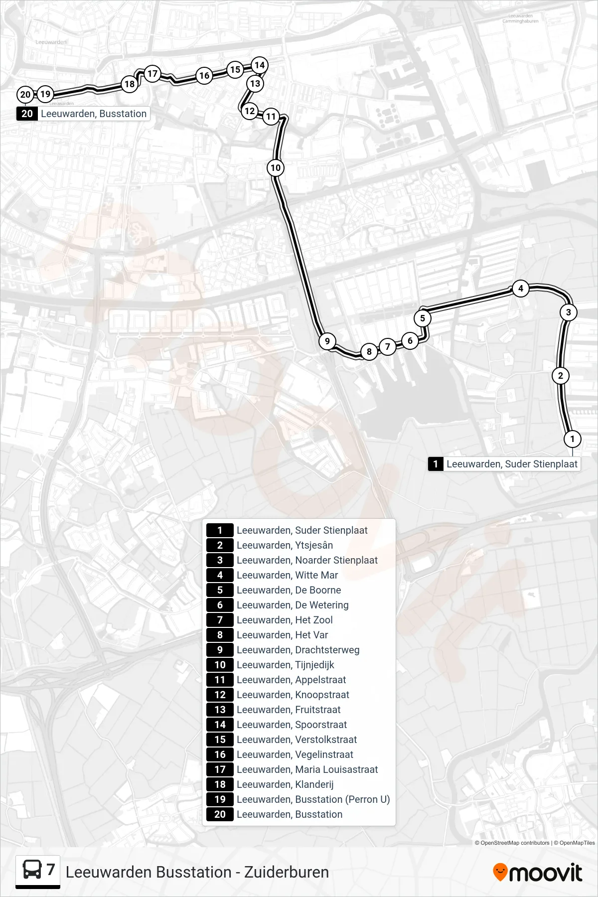 7 bus Line (Busstation) route and stops on a map