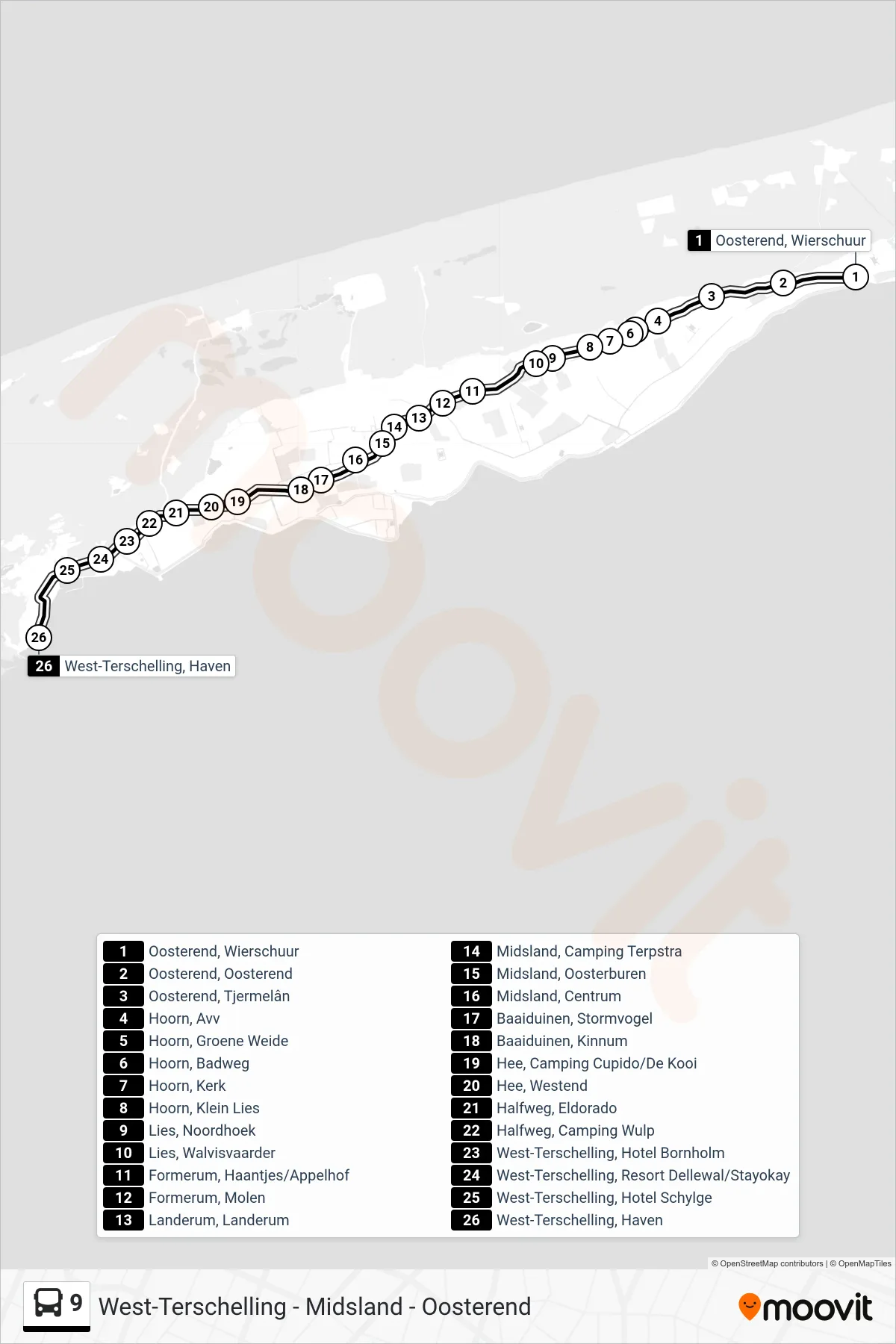 Lijn 9 (bus, West-Terschelling): route en haltes op de kaart