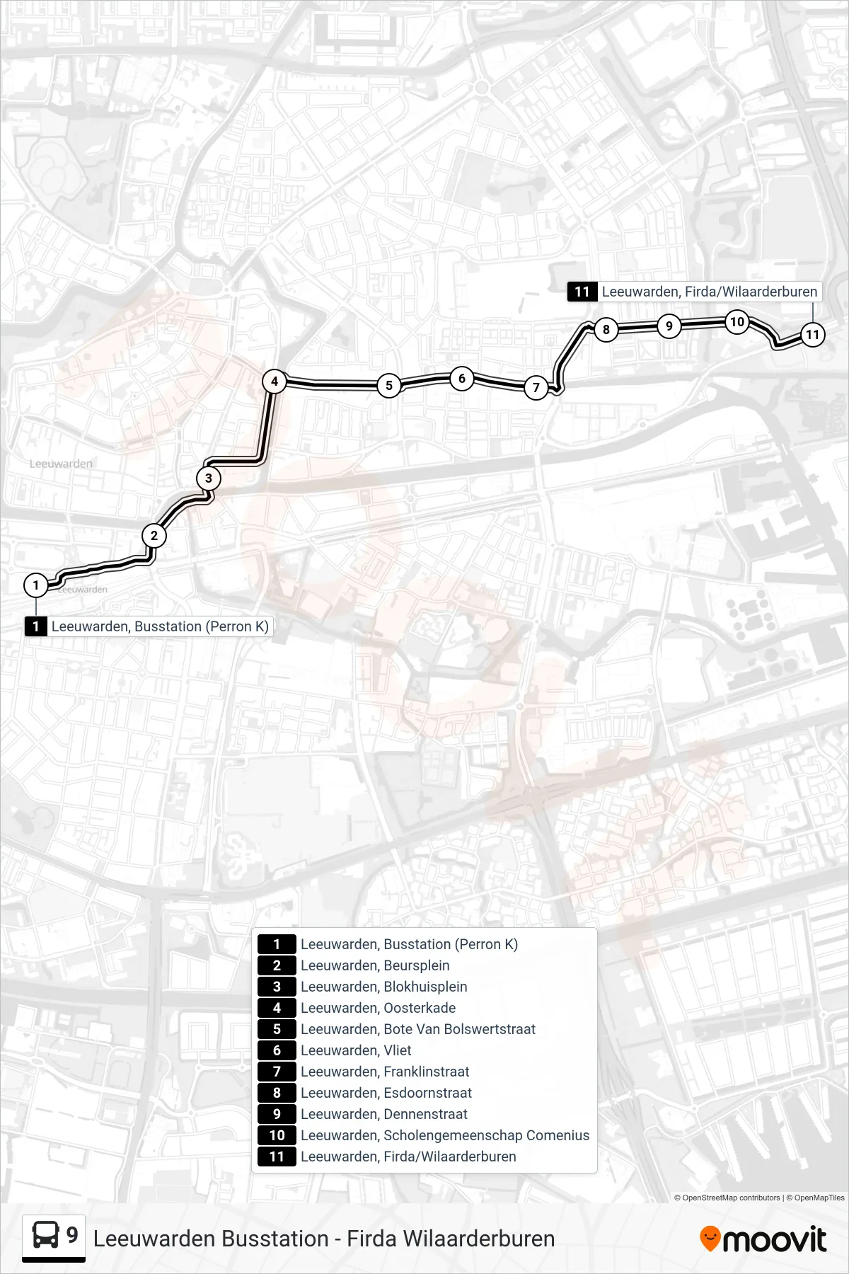 Lijn 9 (bus, Firda W'Derburen): route en haltes op de kaart