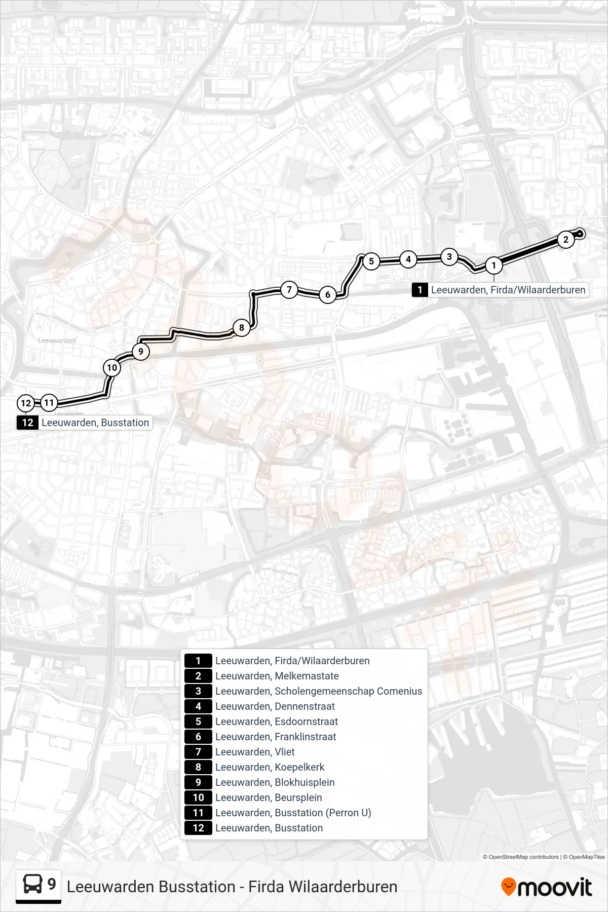Lijn 9 (bus, Busstation): route en haltes op de kaart