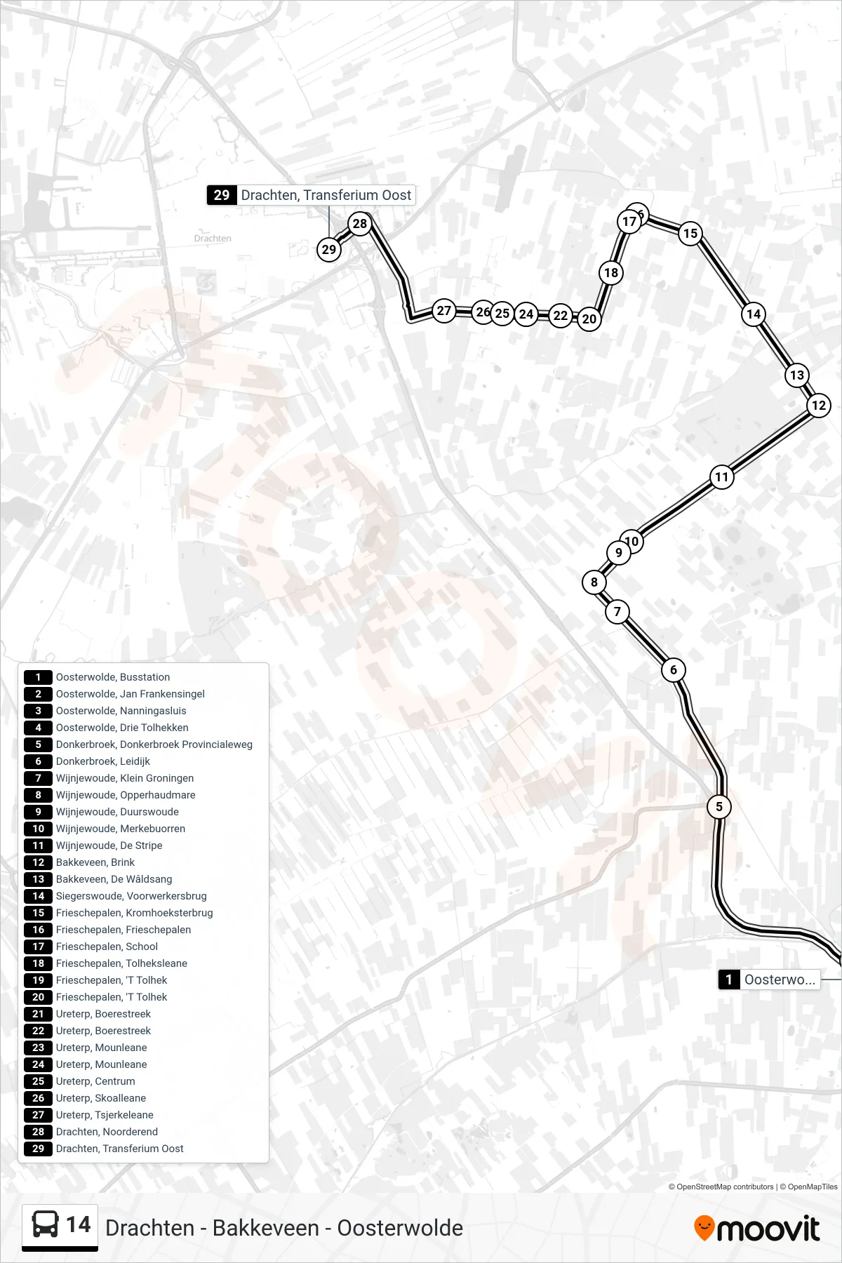 Lijn 14 (bus, Drachten Tr. Oost): route en haltes op de kaart