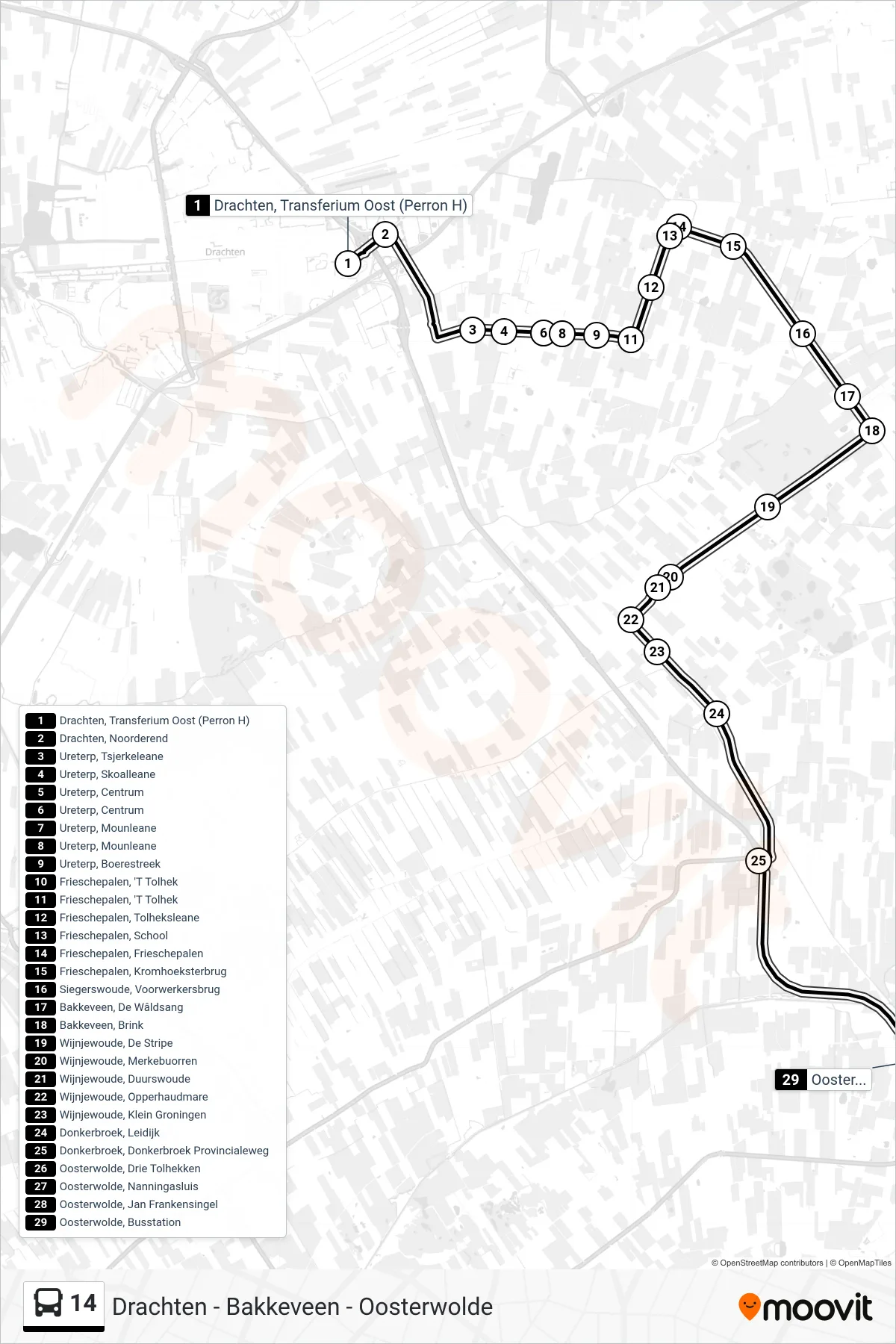 Lijn 14 (bus, Oosterwolde): route en haltes op de kaart