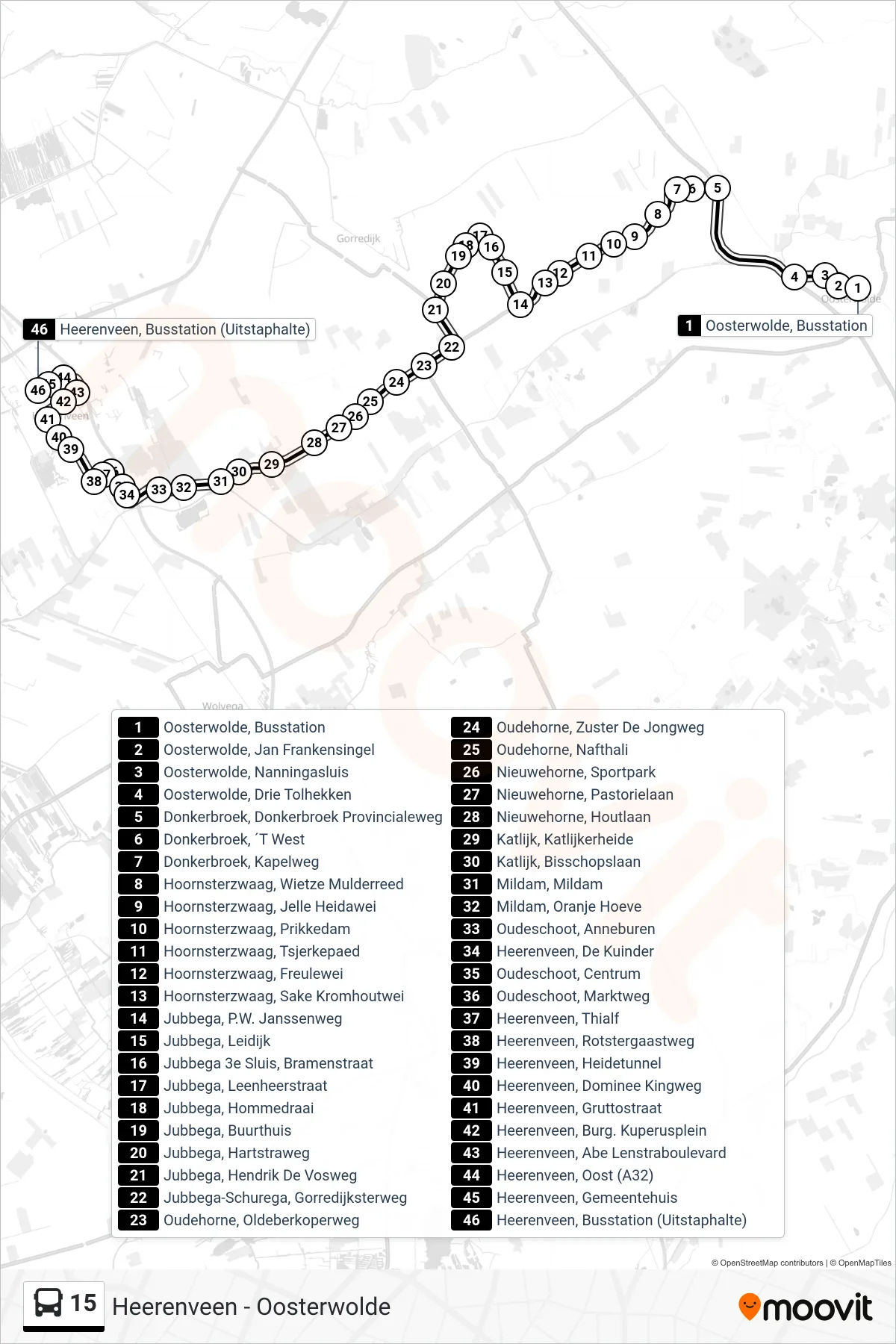 Lijn 15 (bus, Heerenveen): route en haltes op de kaart