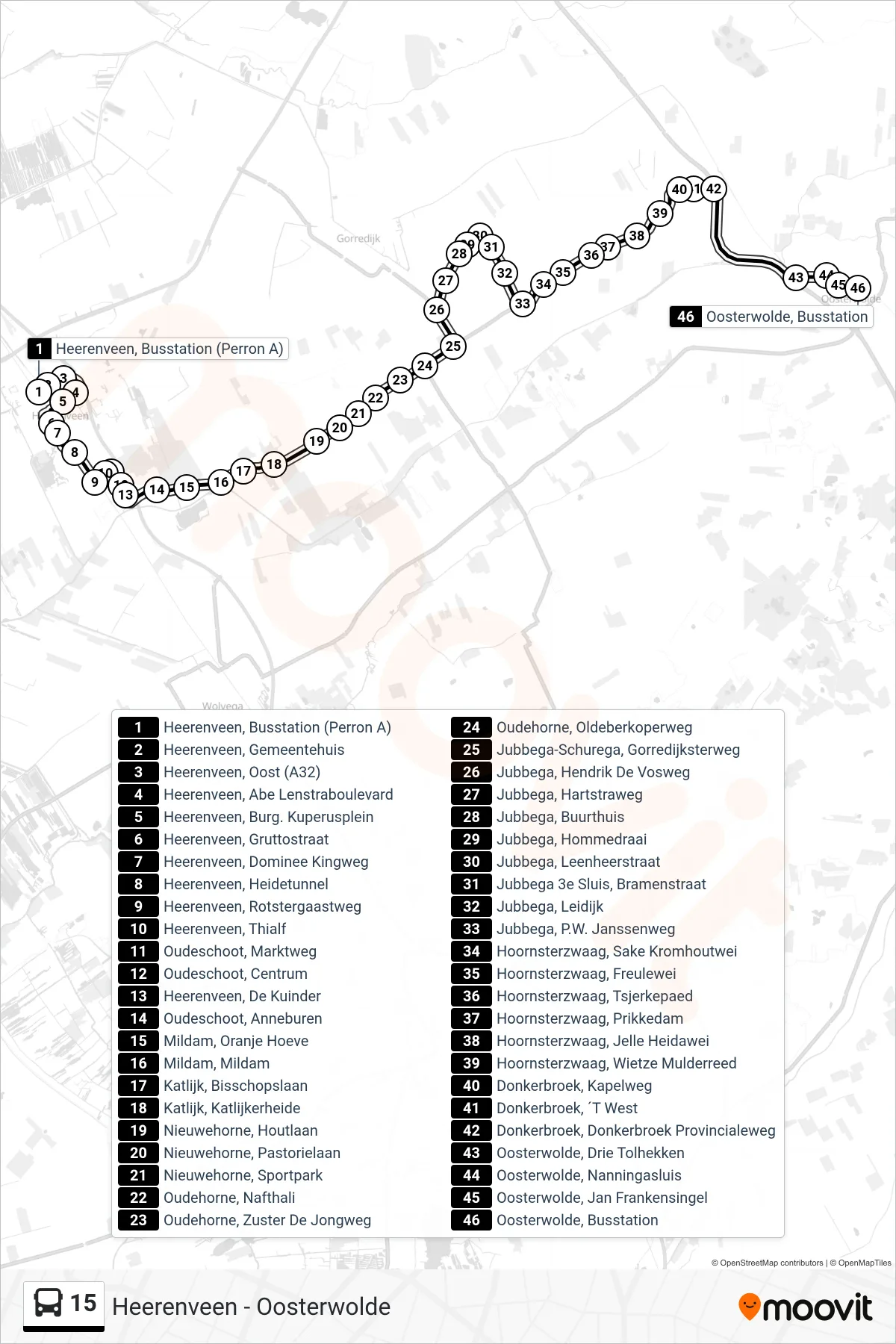 15 bus Line (Oosterwolde) route and stops on a map