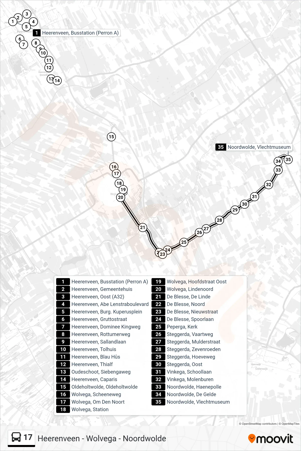 Lijn 17 (bus, Noordwolde): route en haltes op de kaart
