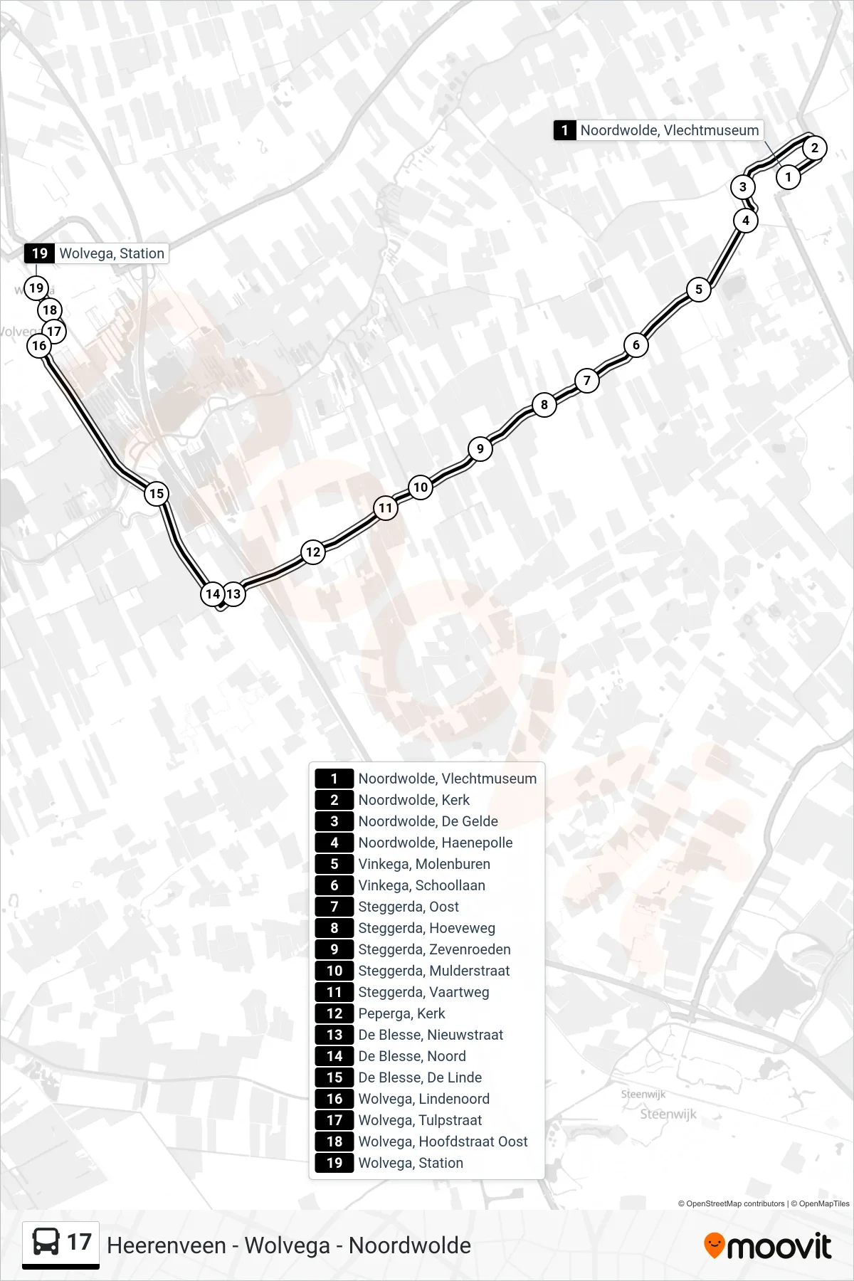 Lijn 17 (bus, Wolvega): route en haltes op de kaart
