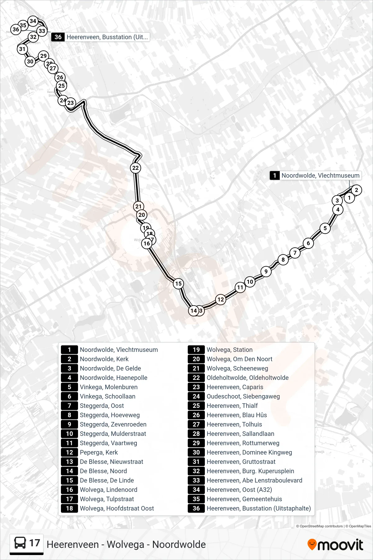 Lijn 17 (bus, Heerenveen): route en haltes op de kaart