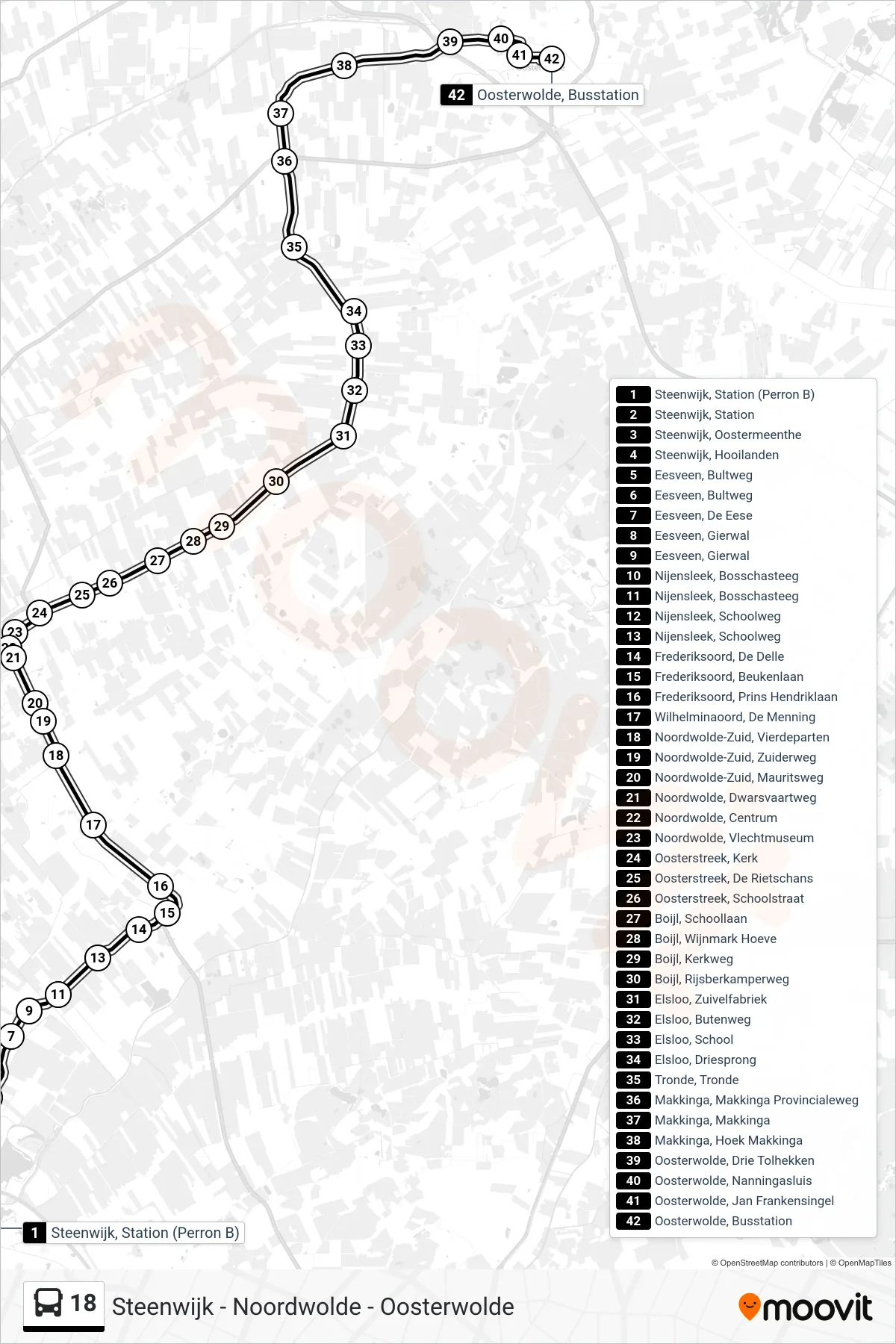 Lijn 18 (bus, Oosterwolde): route en haltes op de kaart