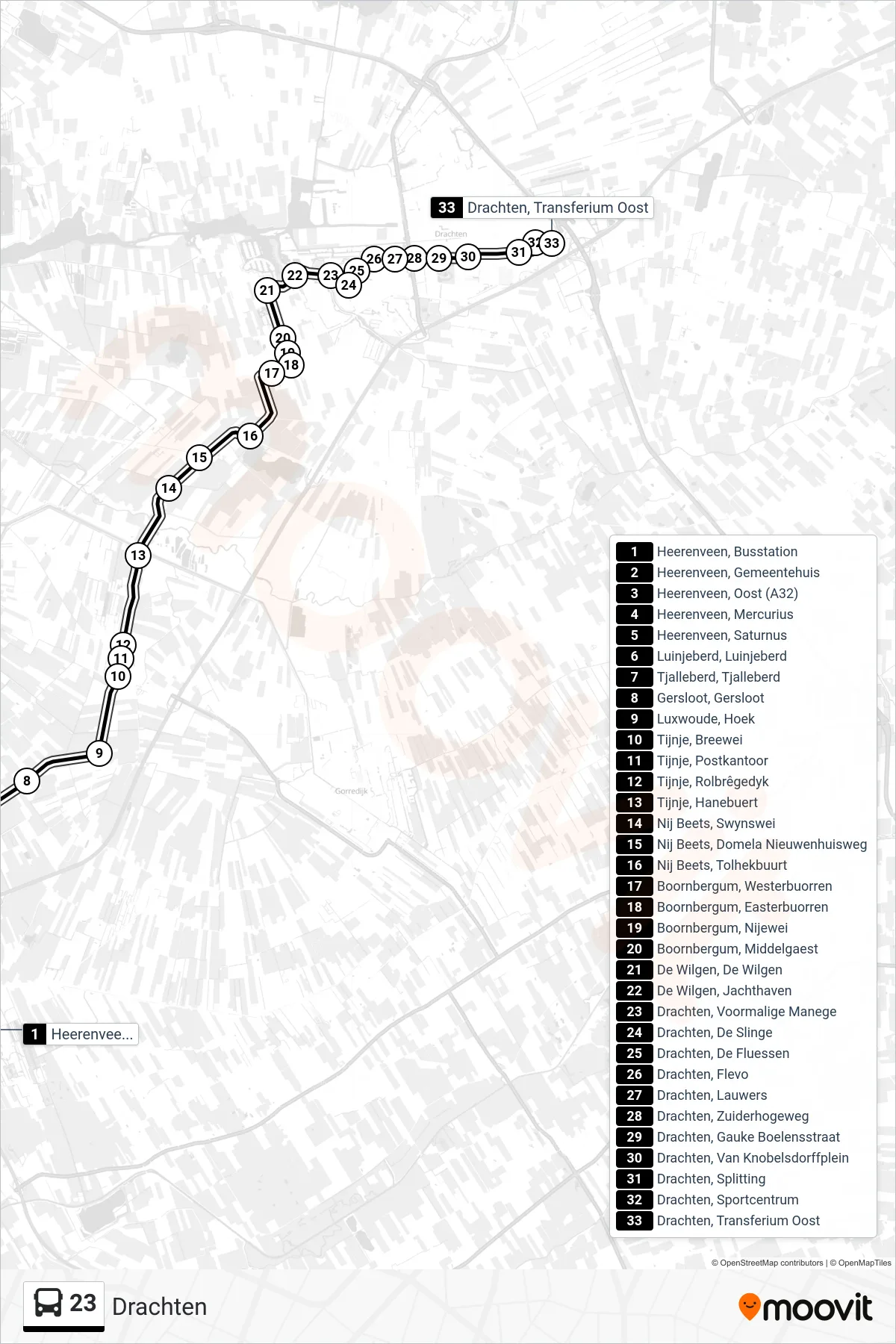 Lijn 23 (bus, Drachten): route en haltes op de kaart