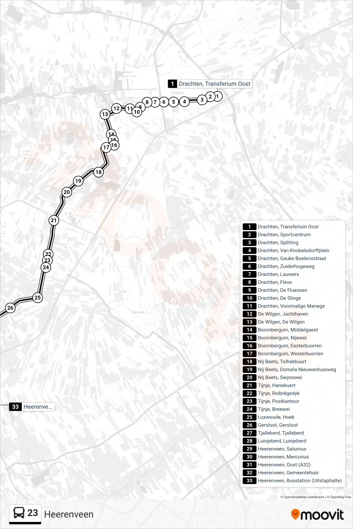 Lijn 23 (bus, Heerenveen): route en haltes op de kaart