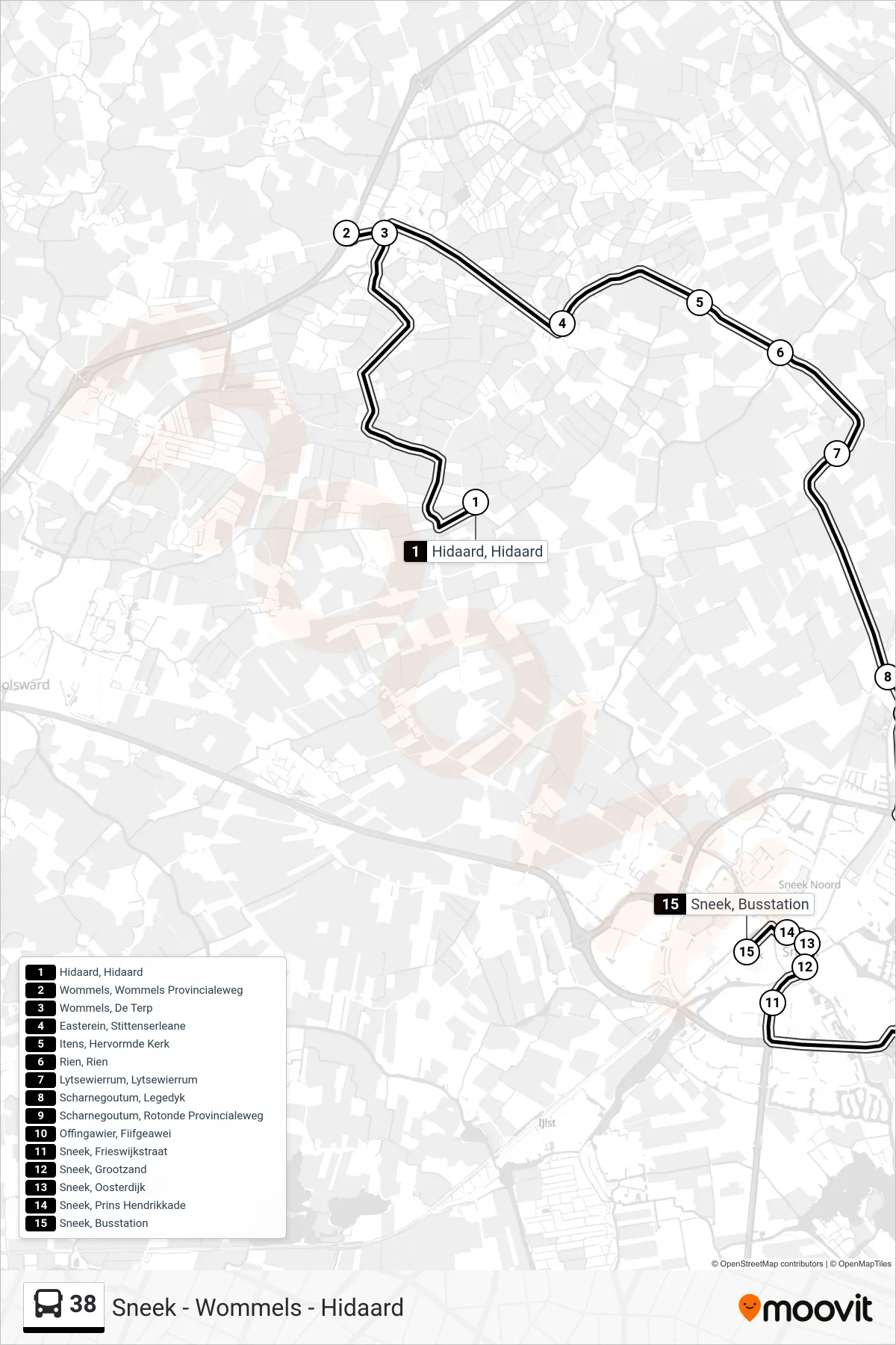 Lijn 38 (bus, Sneek): route en haltes op de kaart