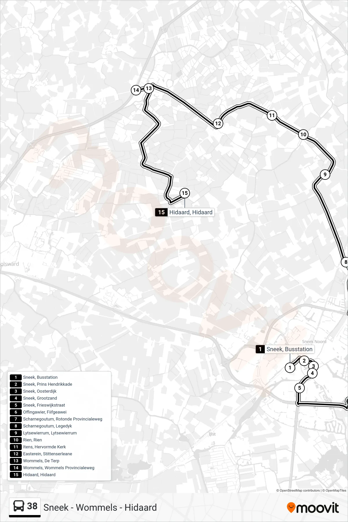 Lijn 38 (bus, Hidaard): route en haltes op de kaart