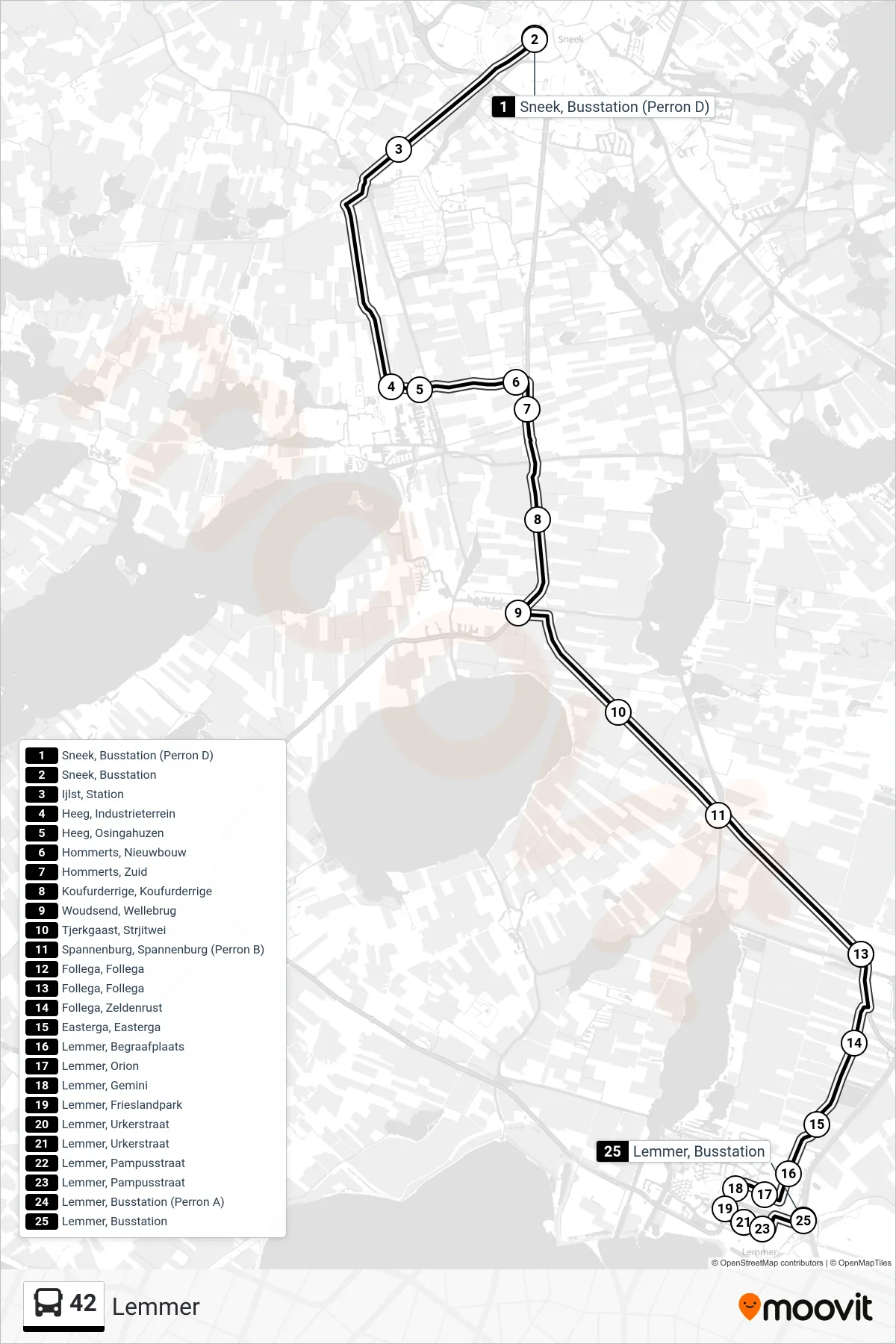 Lijn 42 (bus, Lemmer): route en haltes op de kaart