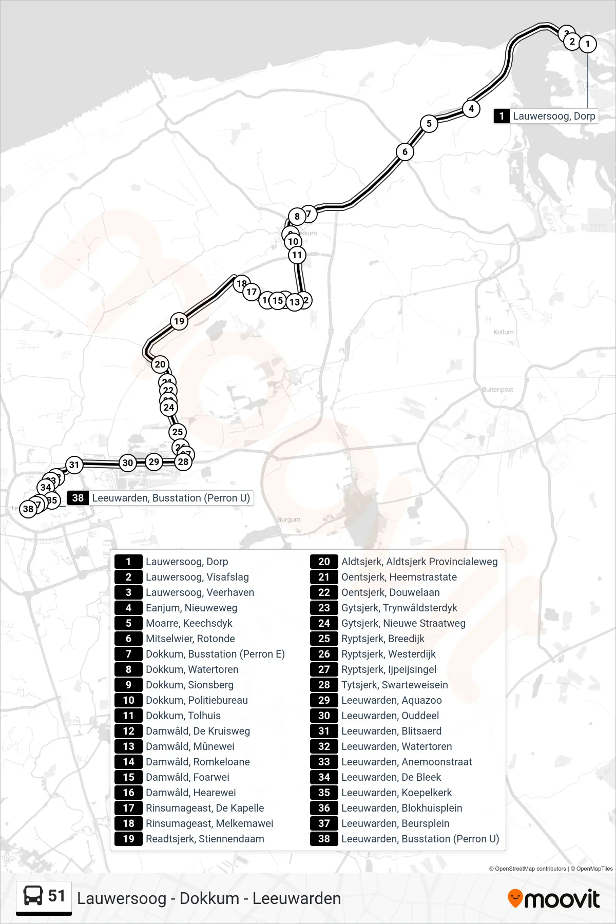Lijn 51 (bus, Leeuwarden): route en haltes op de kaart