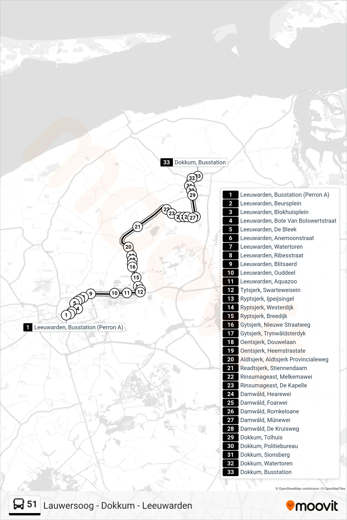 Lijn 51 (bus, Dokkum): route en haltes op de kaart