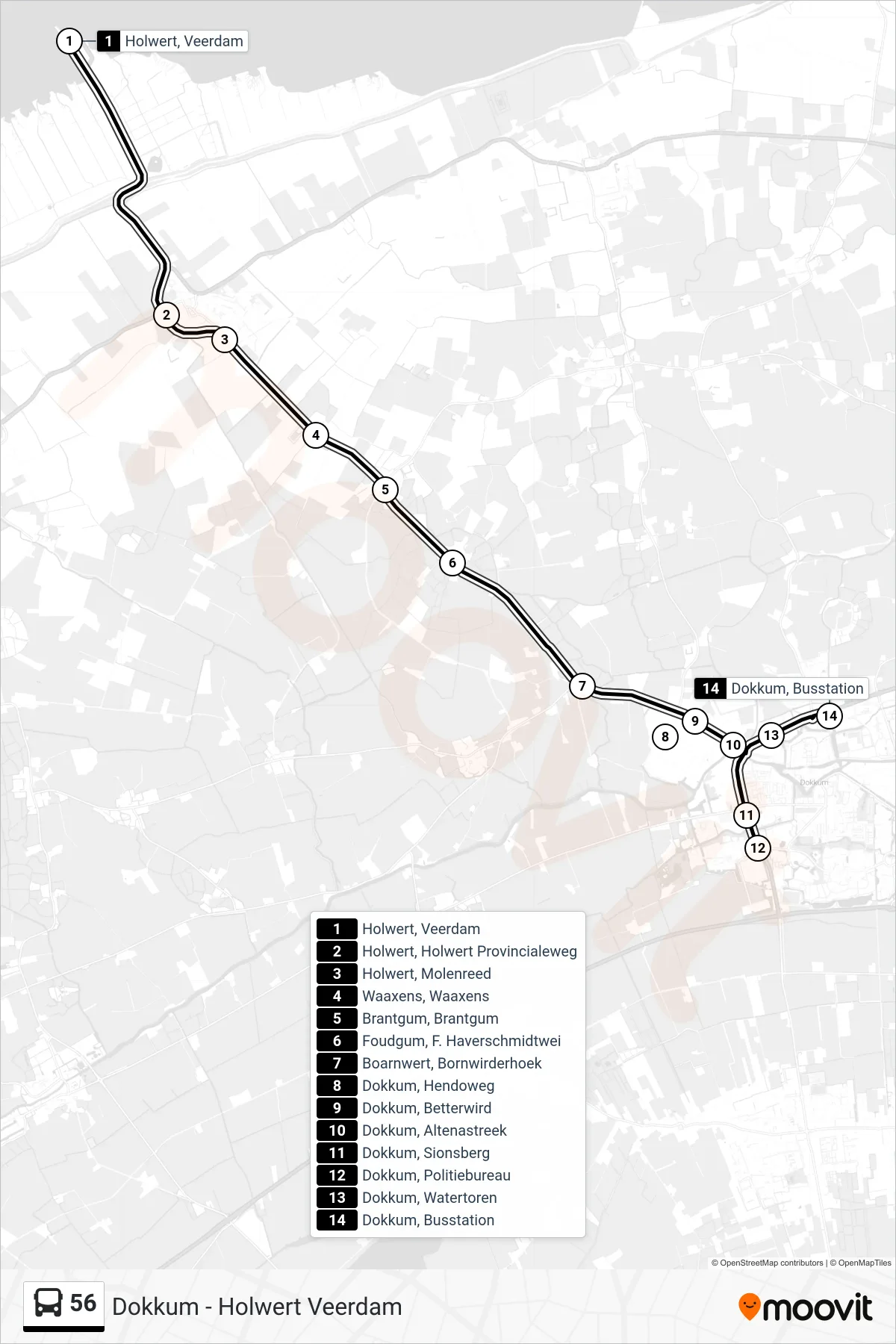 Lijn 56 (bus, Dokkum): route en haltes op de kaart