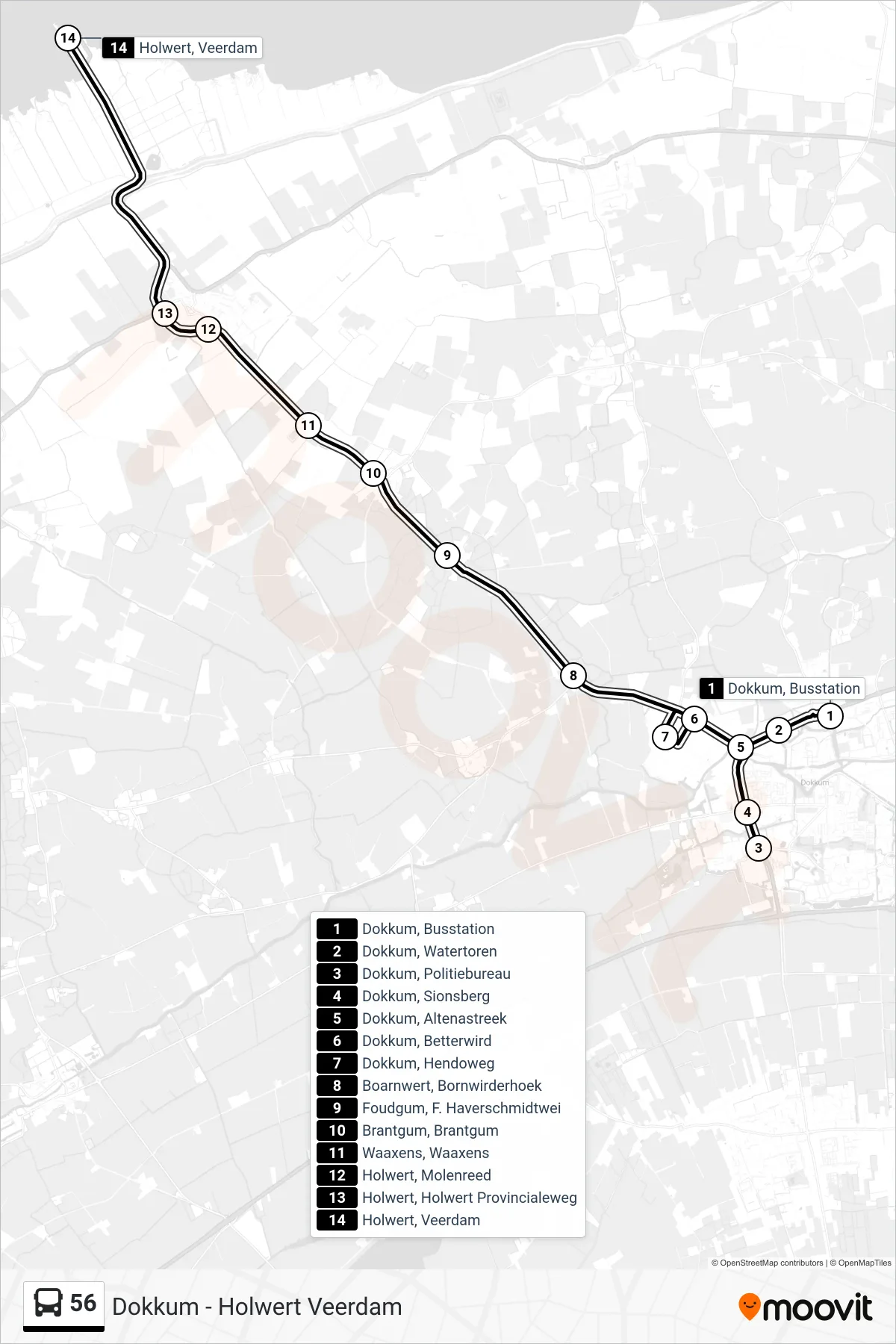 56 bus Line (Holwert Veerdam) route and stops on a map