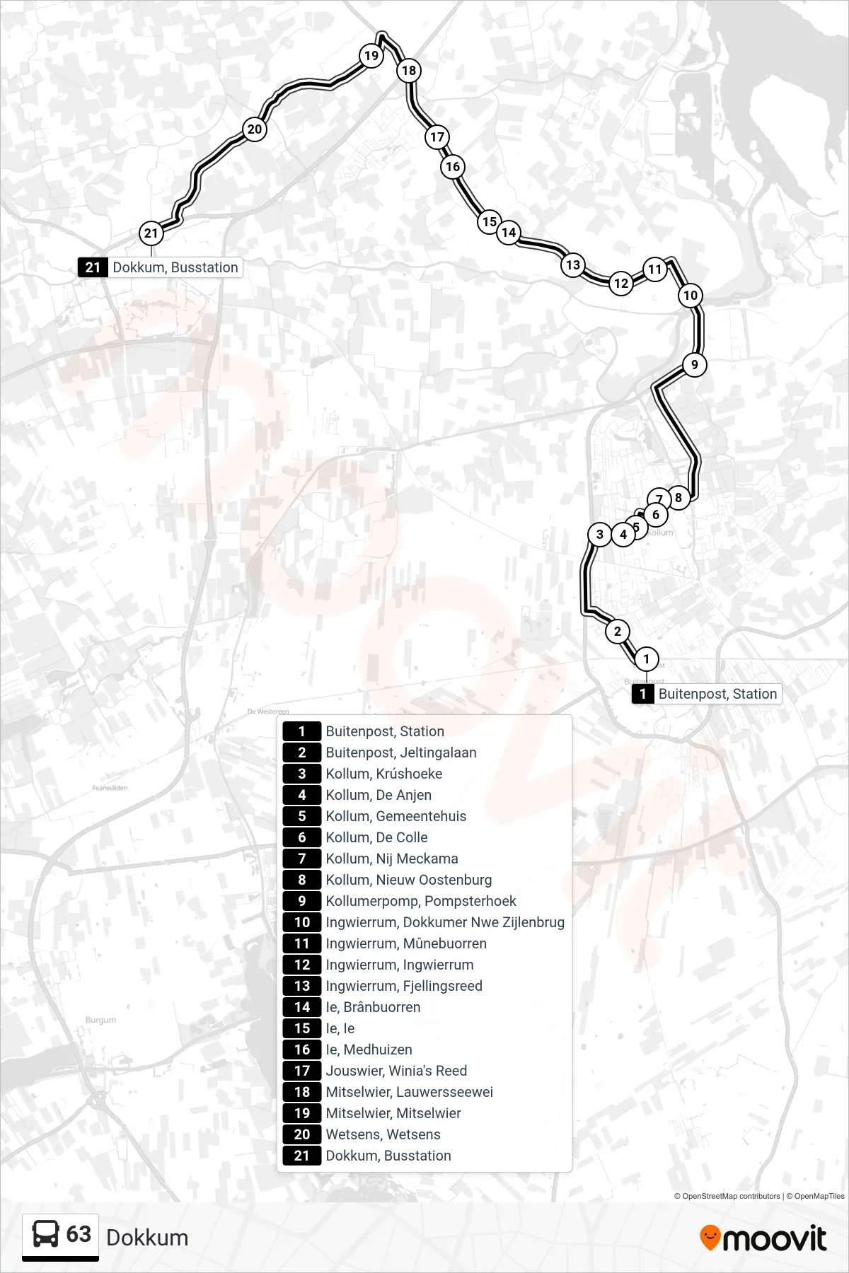 Lijn 63 (bus, Dokkum): route en haltes op de kaart
