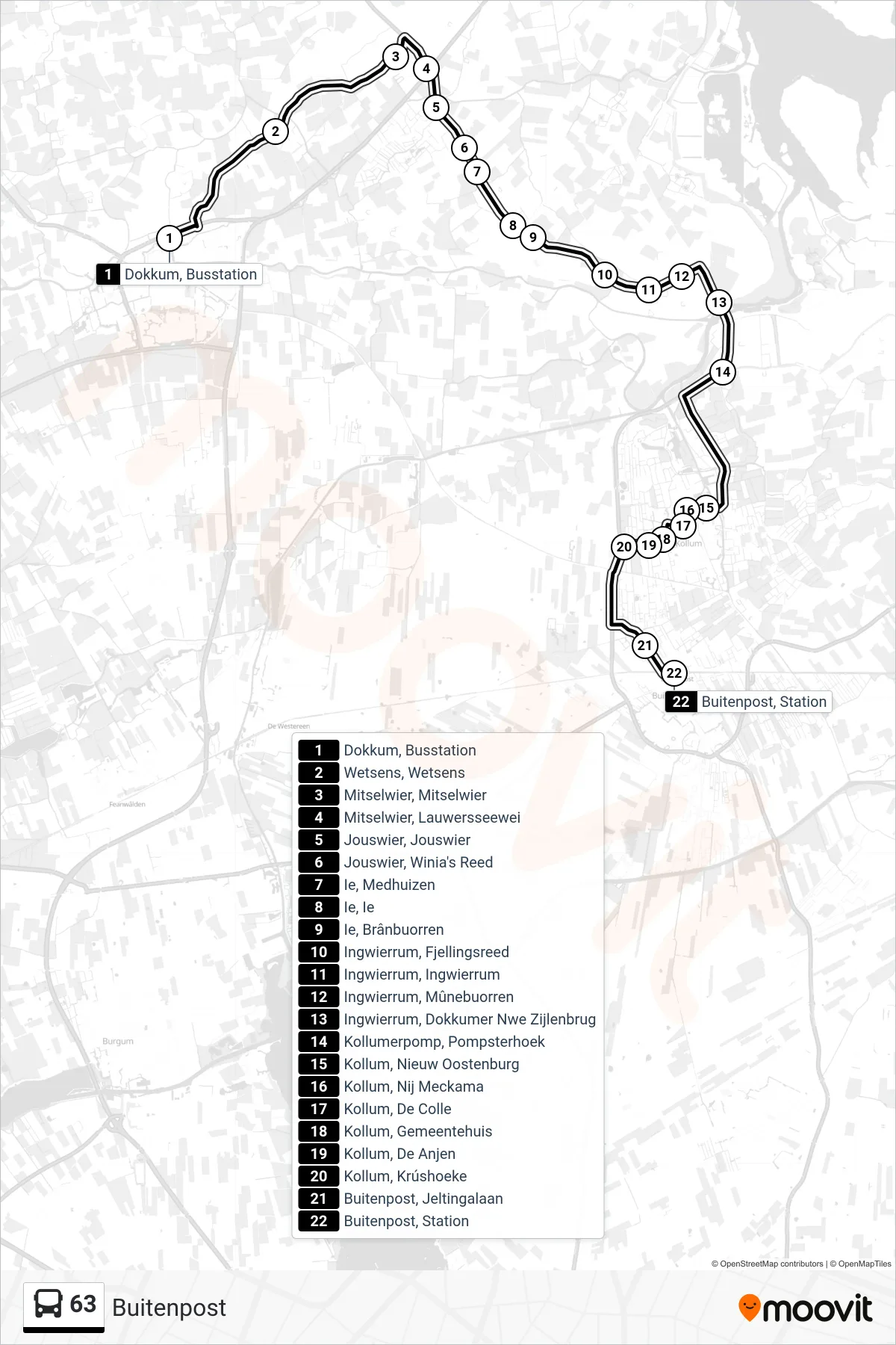 Lijn 63 (bus, Buitenpost): route en haltes op de kaart