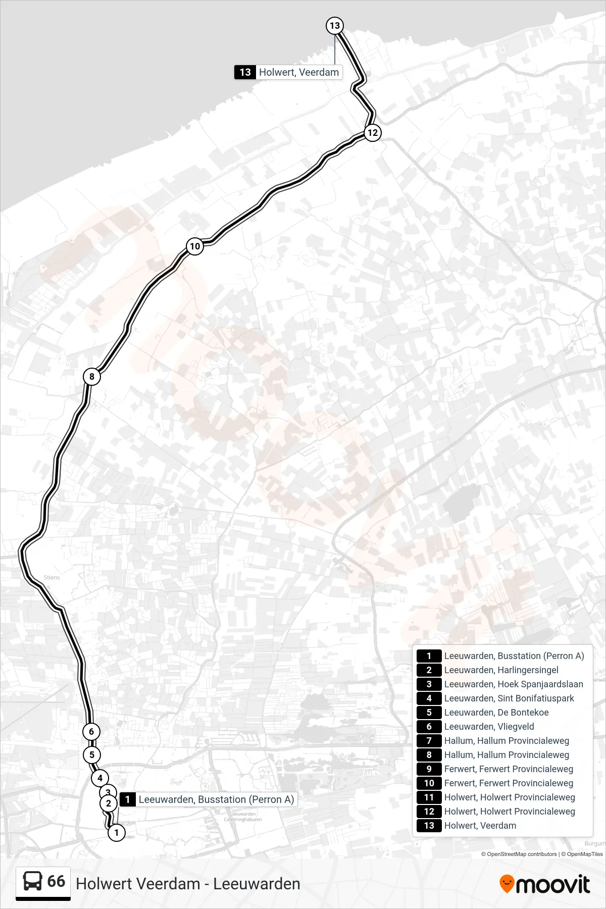 Lijn 66 (bus, Holwert Veerdam): route en haltes op de kaart
