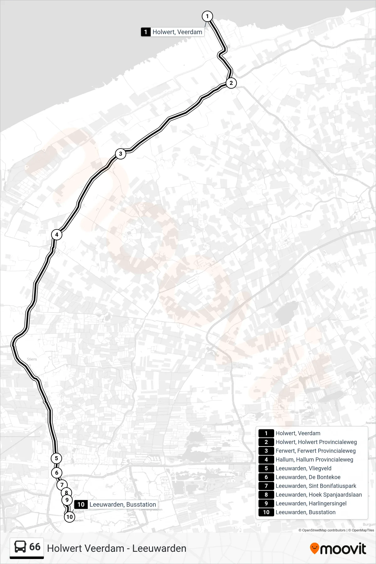 Lijn 66 (bus, Leeuwarden): route en haltes op de kaart