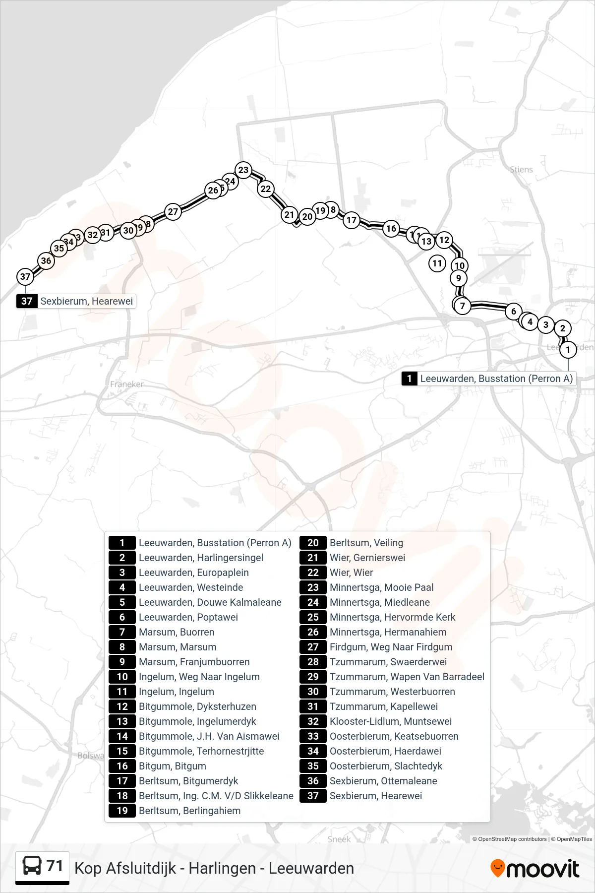 Lijn 71 (bus, Sexbierum): route en haltes op de kaart