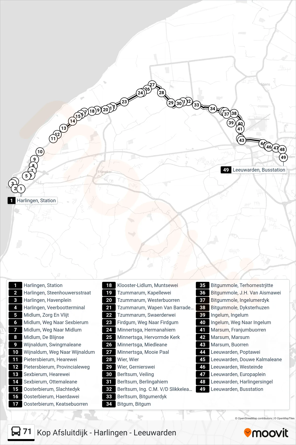71 bus Line (Leeuwarden) route and stops on a map