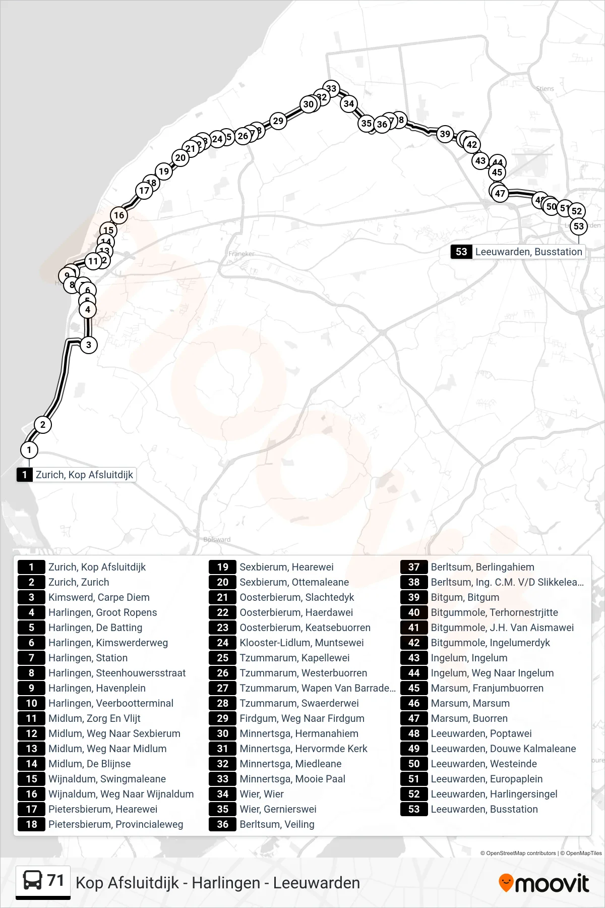 Lijn 71 (bus, Minnertsga): route en haltes op de kaart