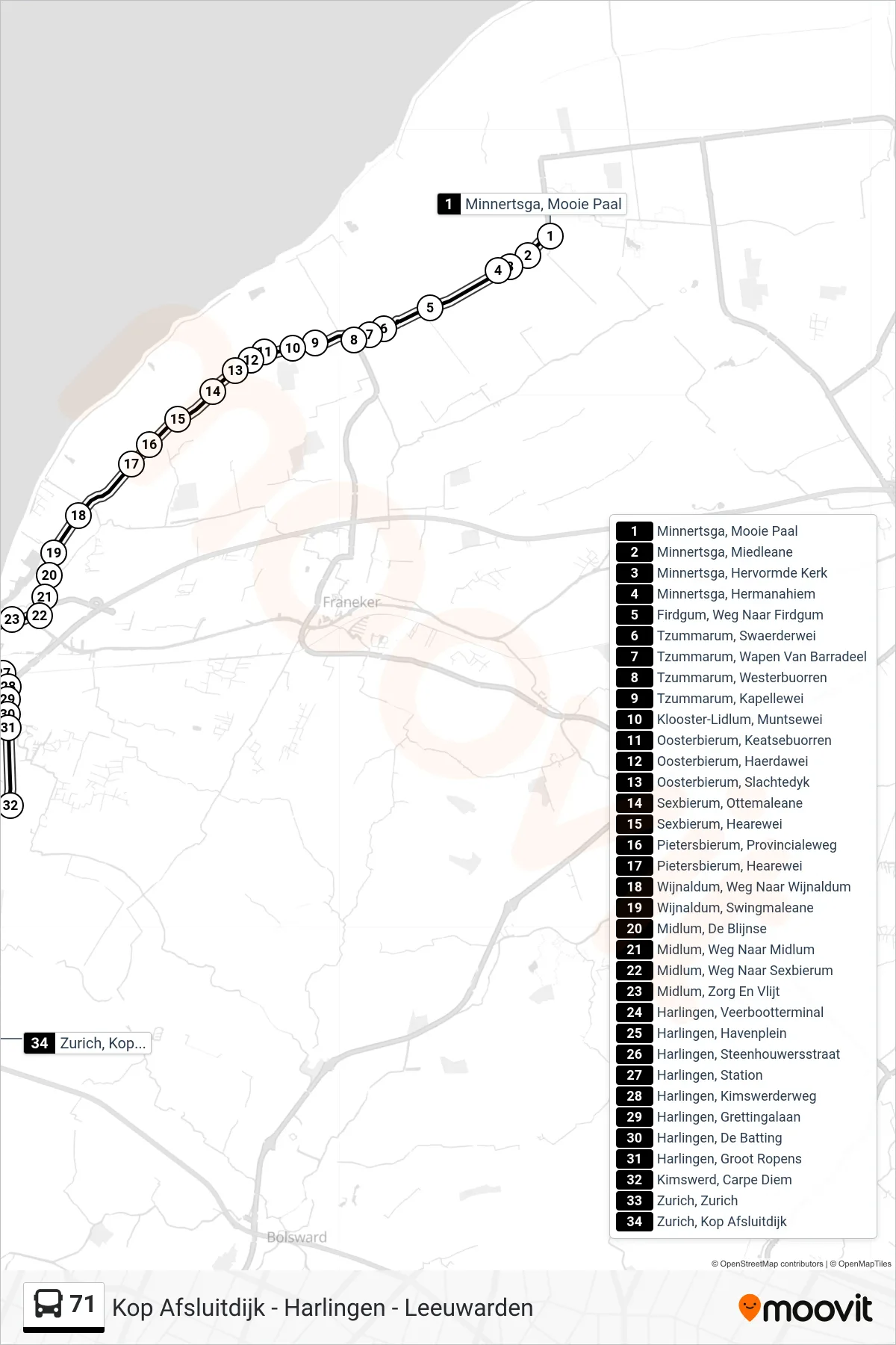 Lijn 71 (bus, Kop Afsluitdijk): route en haltes op de kaart