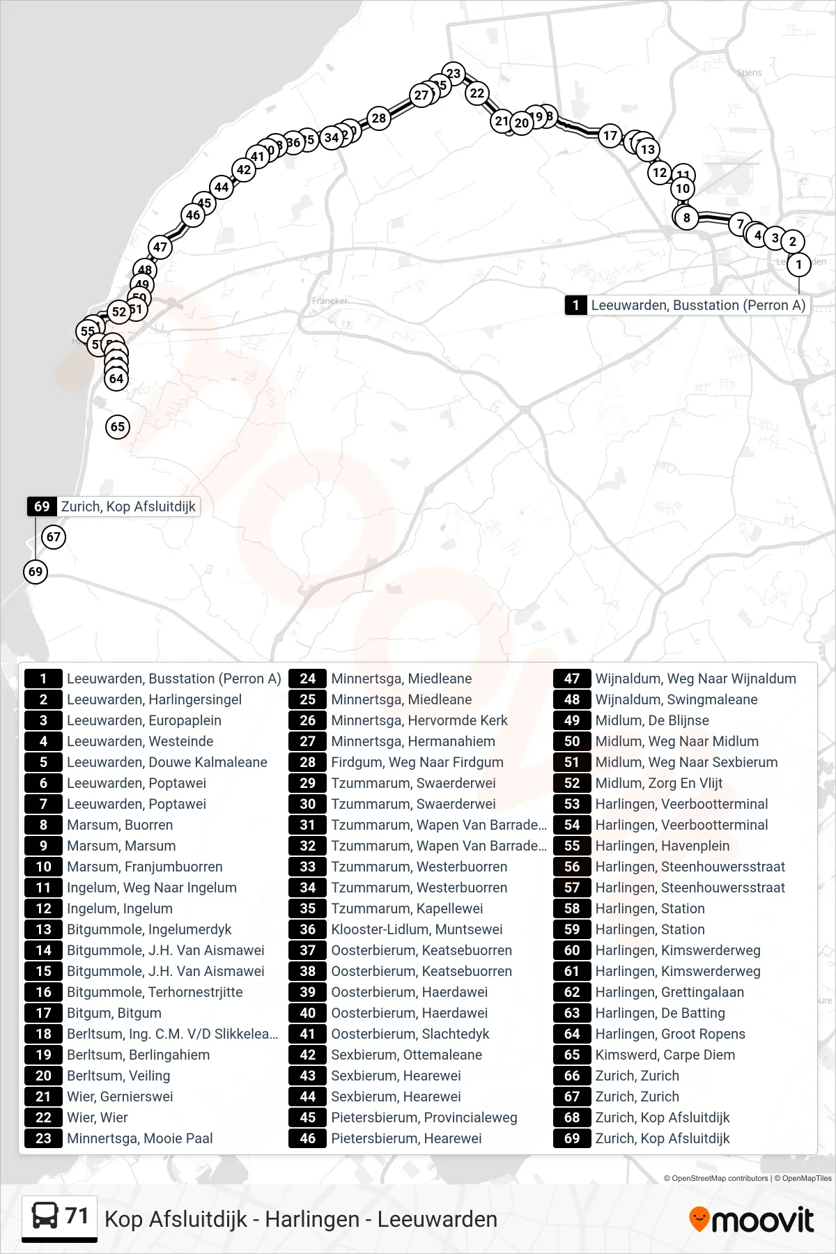 Lijn 71 (bus, Harlingen): route en haltes op de kaart