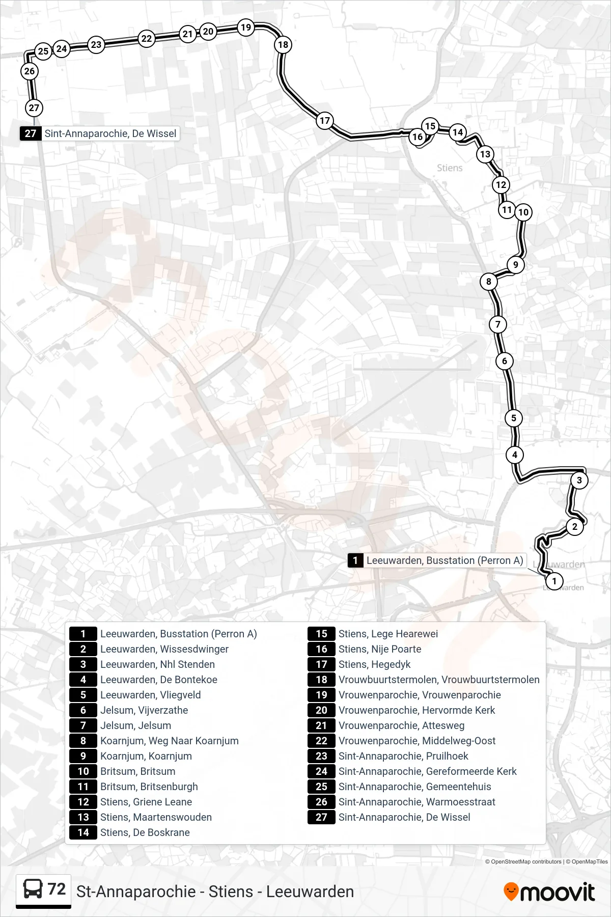Lijn 72 (bus, Sint-Annaparochie): route en haltes op de kaart