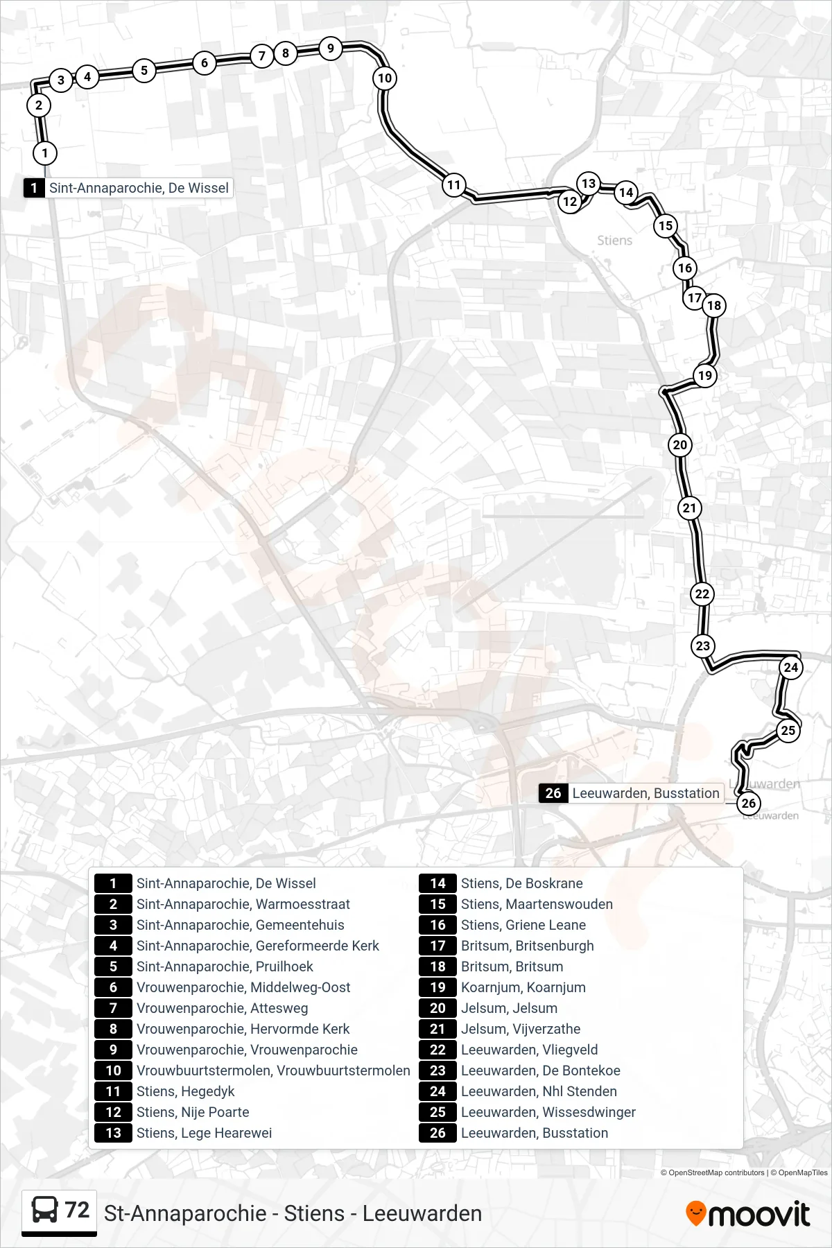Lijn 72 (bus, Leeuwarden): route en haltes op de kaart