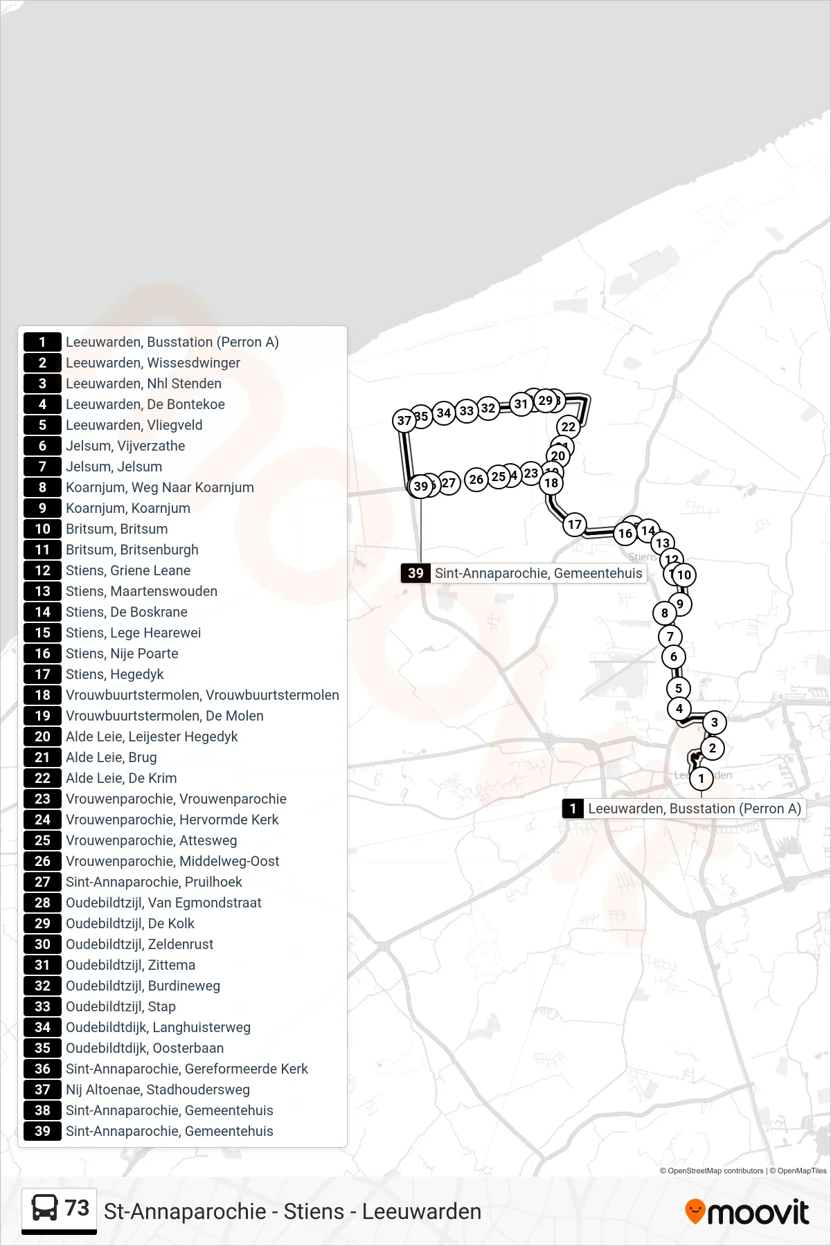 Lijn 73 (bus, Oudebildtzijl): route en haltes op de kaart