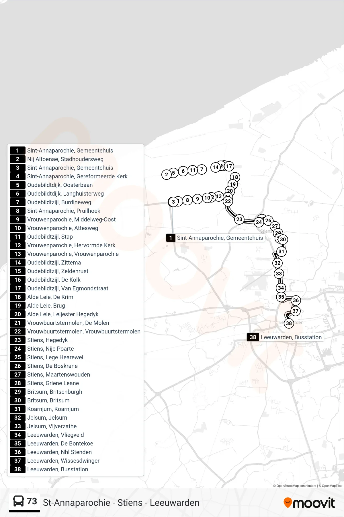 Lijn 73 (bus, Leeuwarden): route en haltes op de kaart