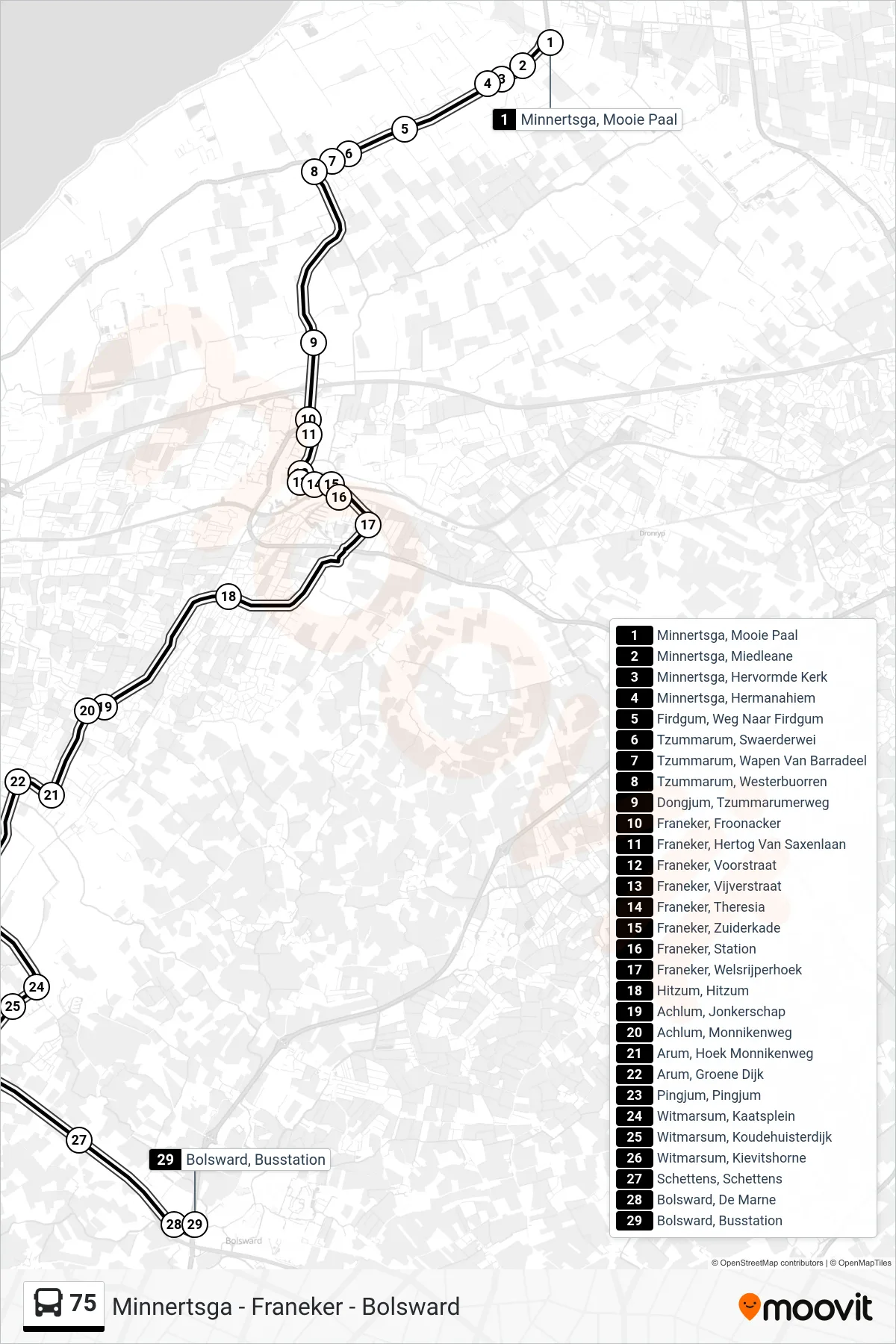Lijn 75 (bus, Bolsward): route en haltes op de kaart