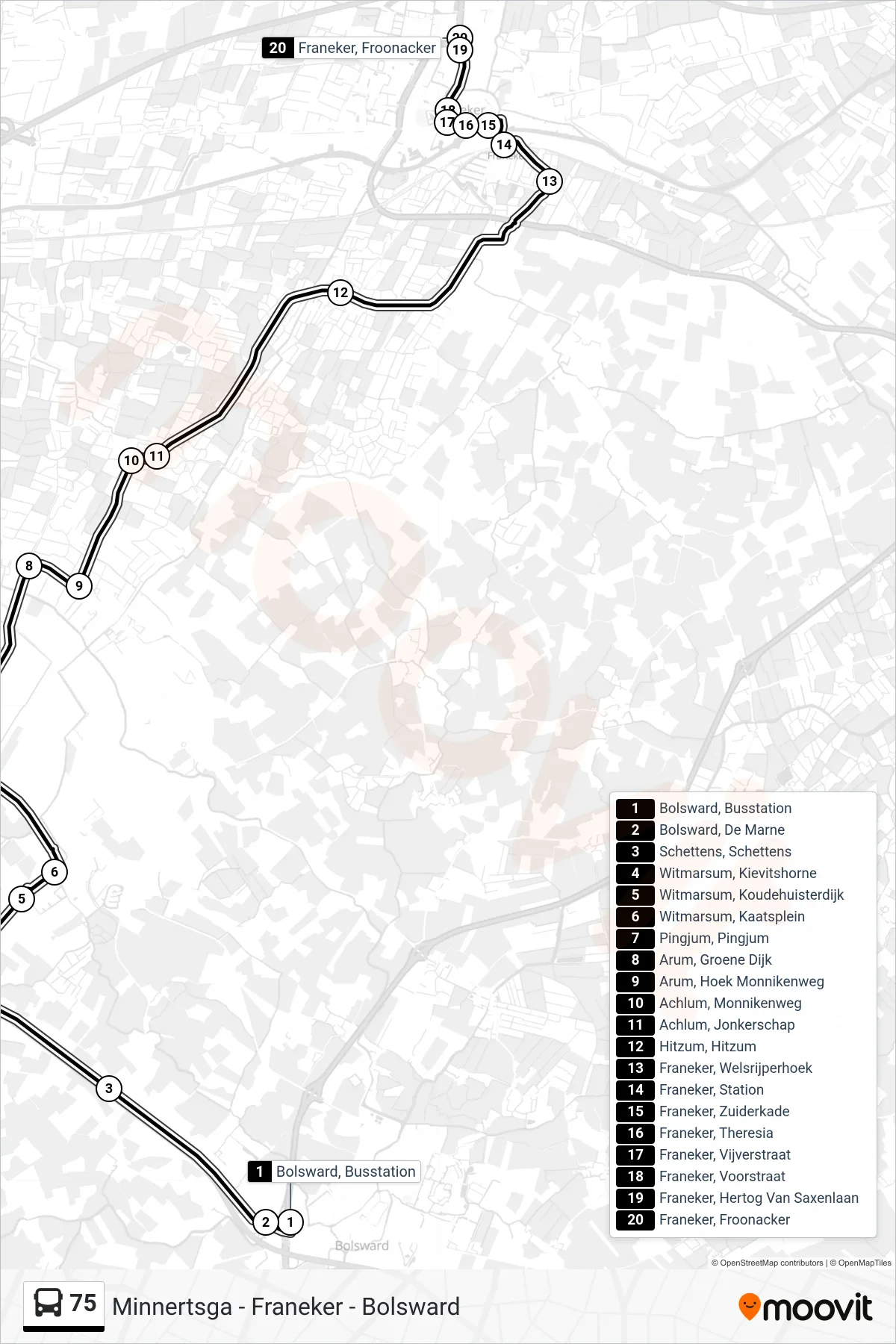 Lijn 75 (bus, Franeker): route en haltes op de kaart