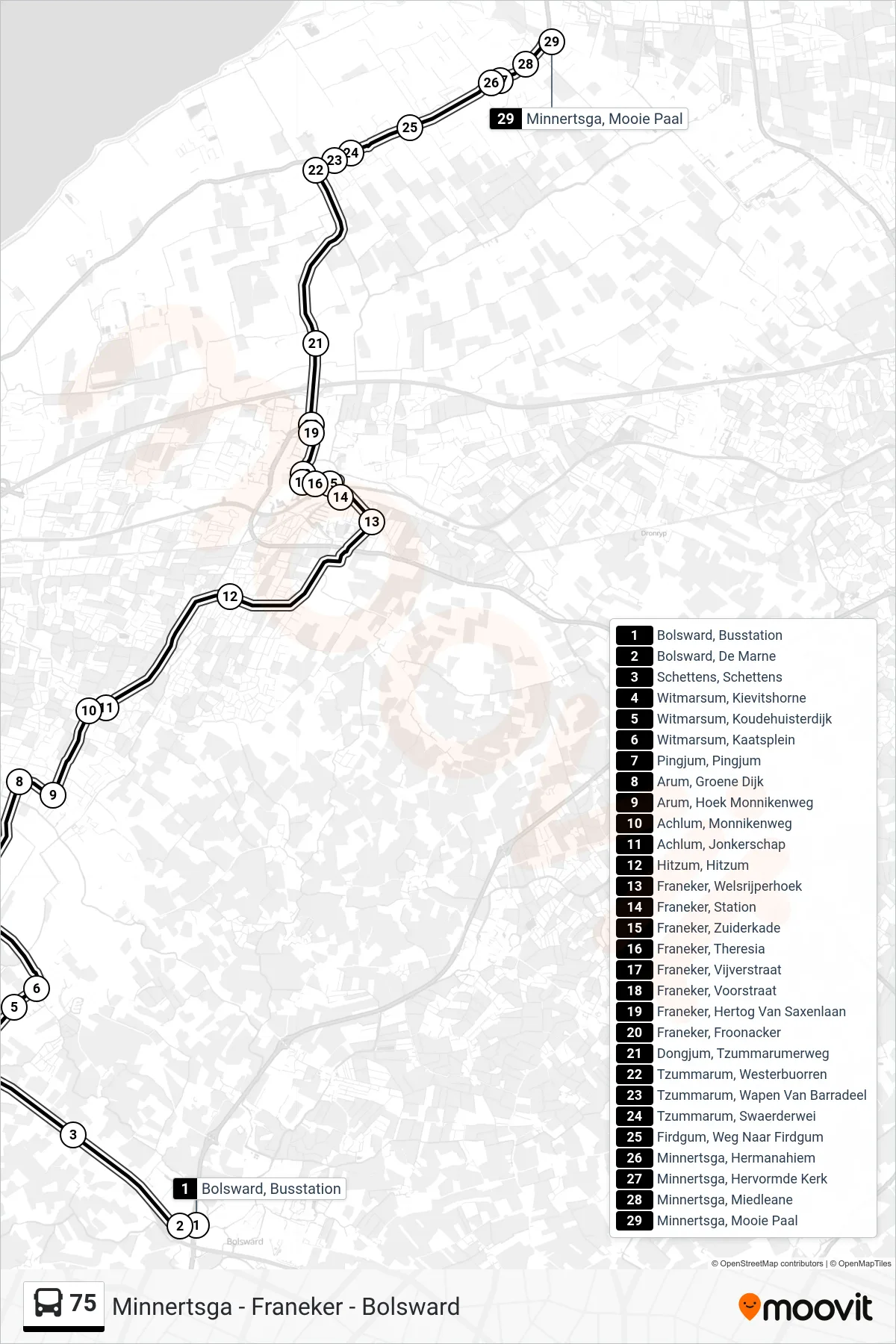 Lijn 75 (bus, Minnertsga): route en haltes op de kaart