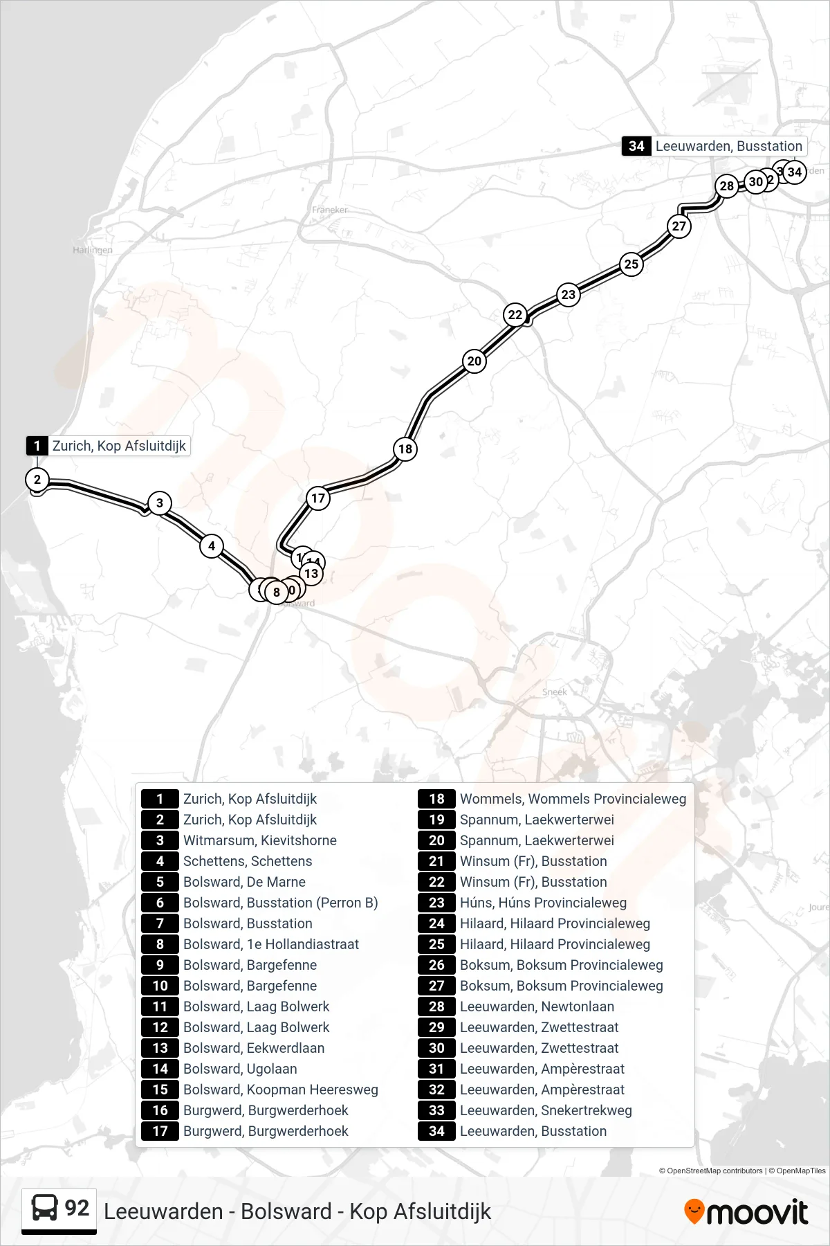 92 bus Line (Leeuwarden) route and stops on a map