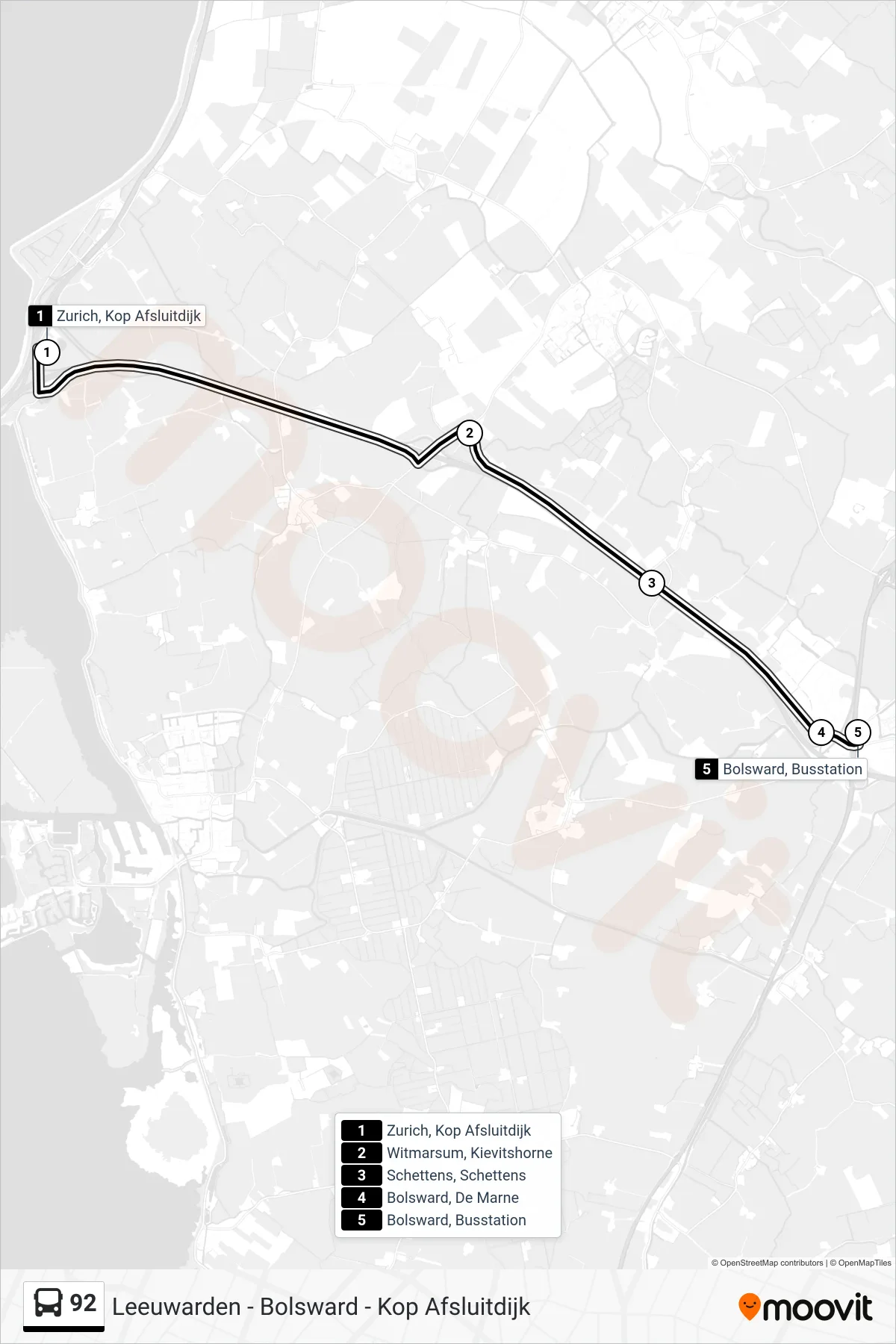 Lijn 92 (bus, Bolsward): route en haltes op de kaart