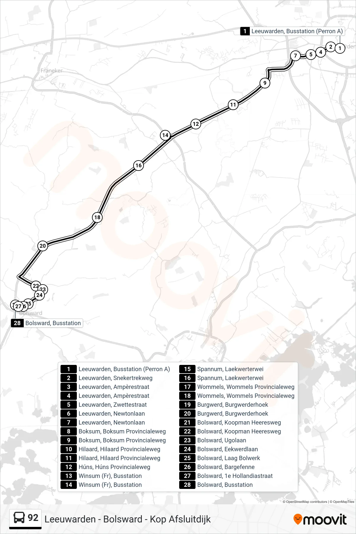 Lijn 92 (bus, Bolsward): route en haltes op de kaart