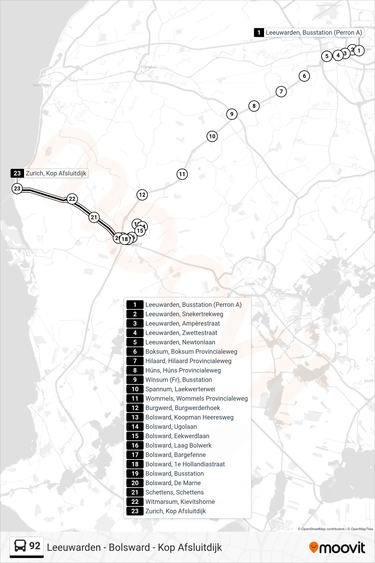 92 bus Line (Kop Afsluitdijk) route and stops on a map
