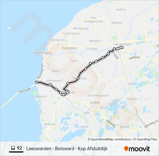 Bus 92 lijnkaart