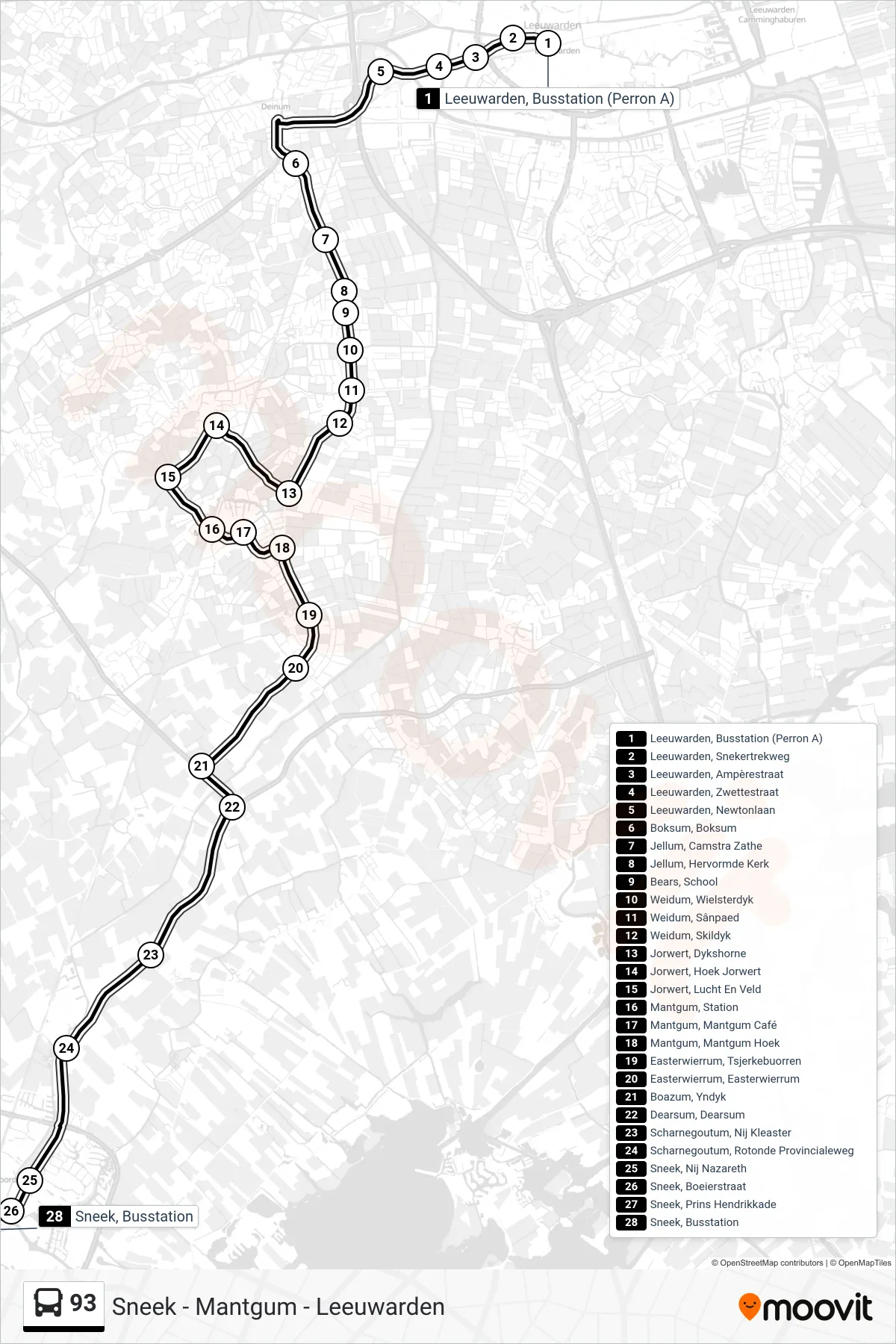 Lijn 93 (bus, Sneek): route en haltes op de kaart