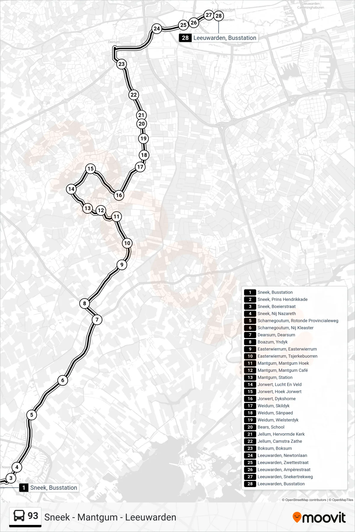 93 bus Line (Leeuwarden) route and stops on a map